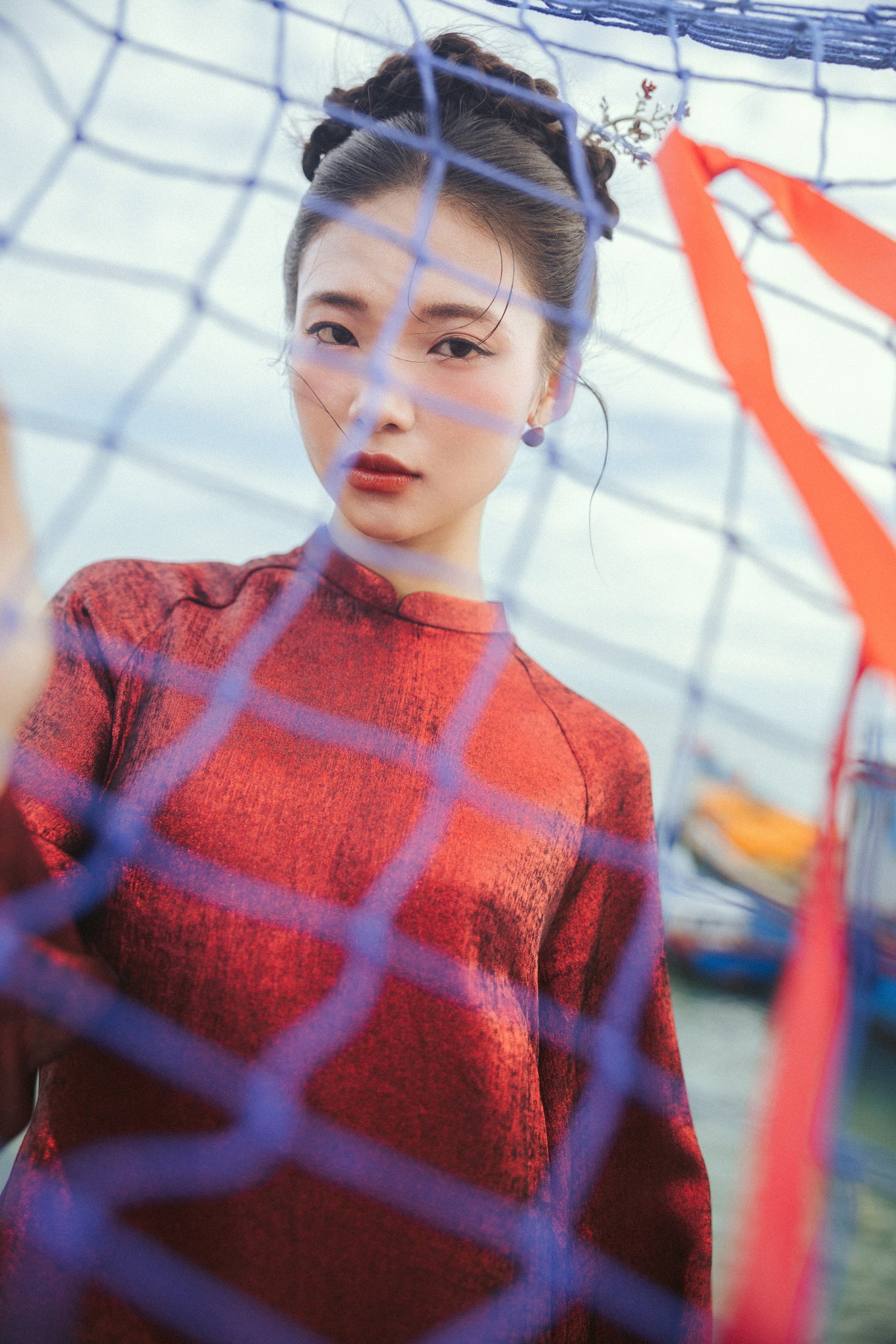 Xich Vu" Ao Dai Set in Metallic Crimson - Detail shot - Handcrafted design