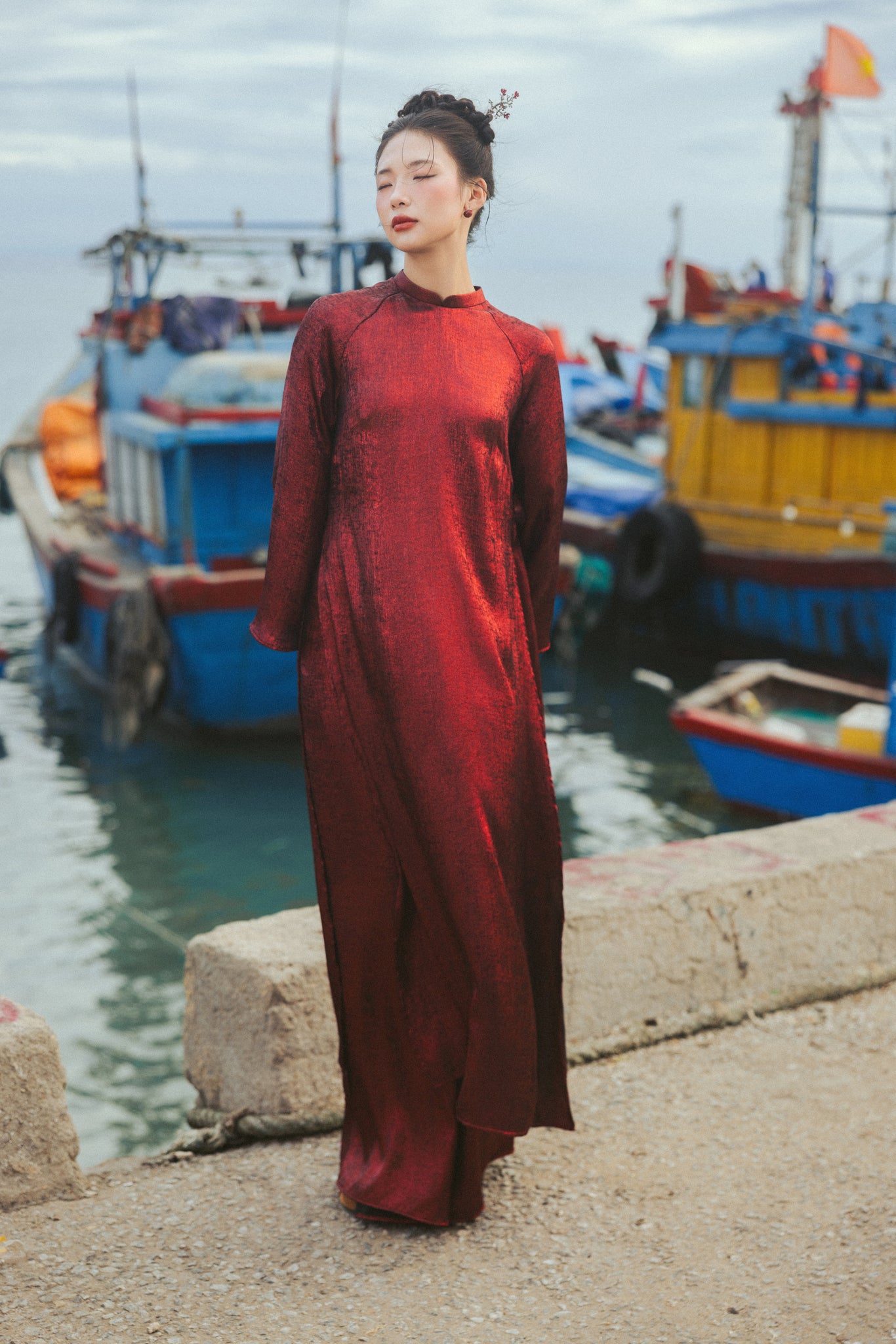 Xich Vu" Ao Dai Set in Metallic Crimson - Side view - Traditional craftsmanship