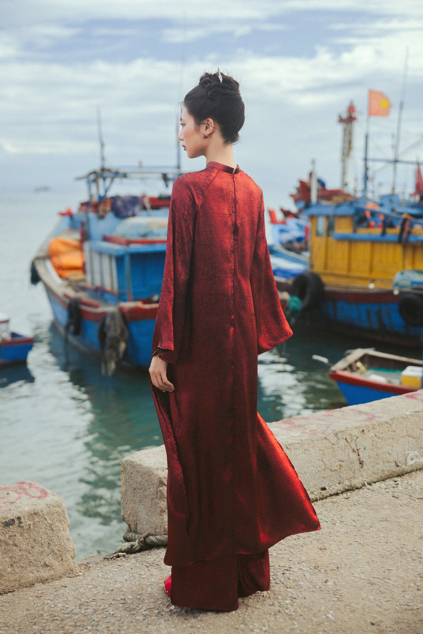 Xich Vu" Ao Dai Set in Metallic Crimson - Close-up - Authentic Vietnamese fashion