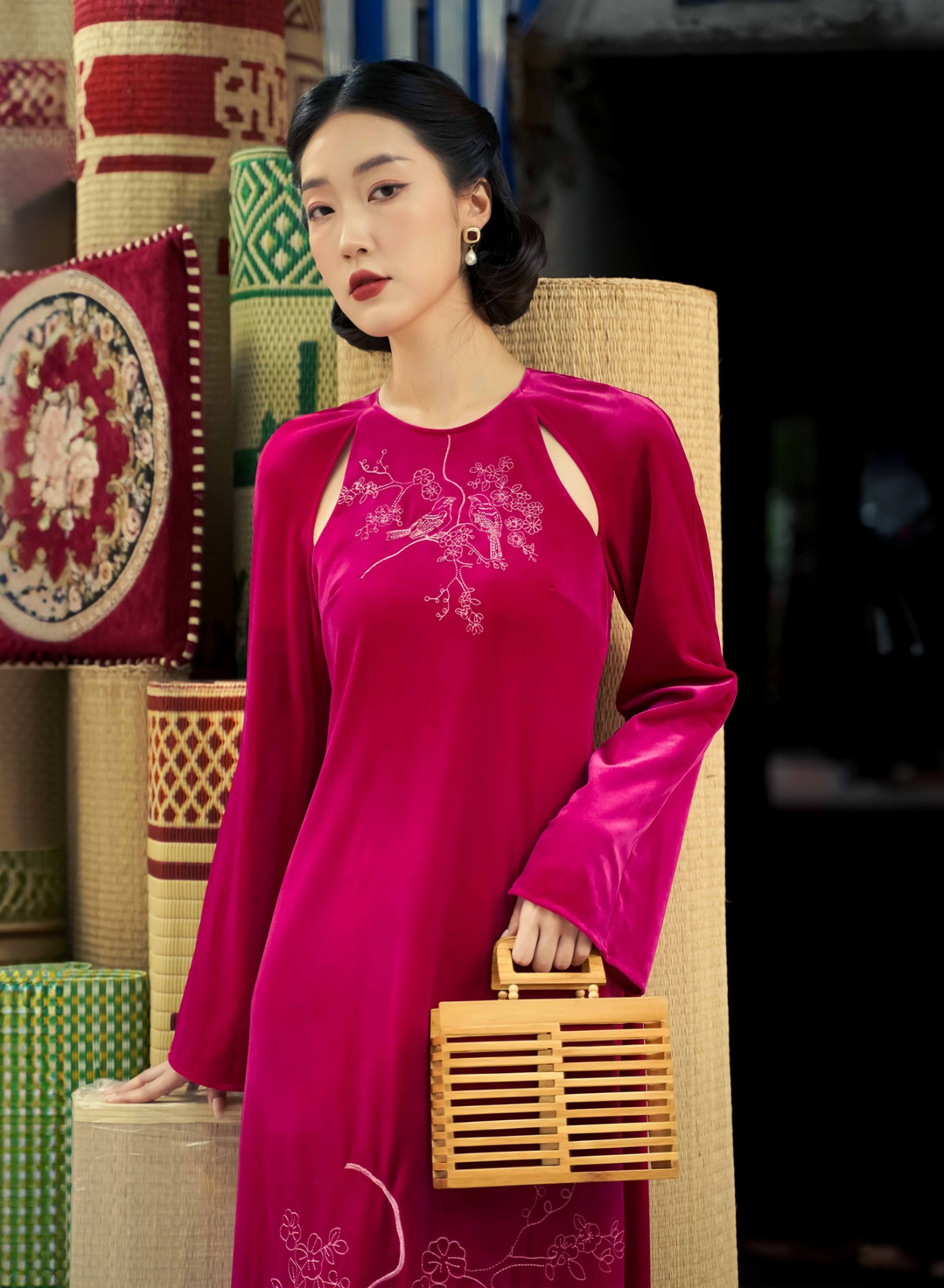 "Diem Quyen red velvet Ao Dai halter dress with cut-out embroidery, artisan Vietnamese design by Lalin."