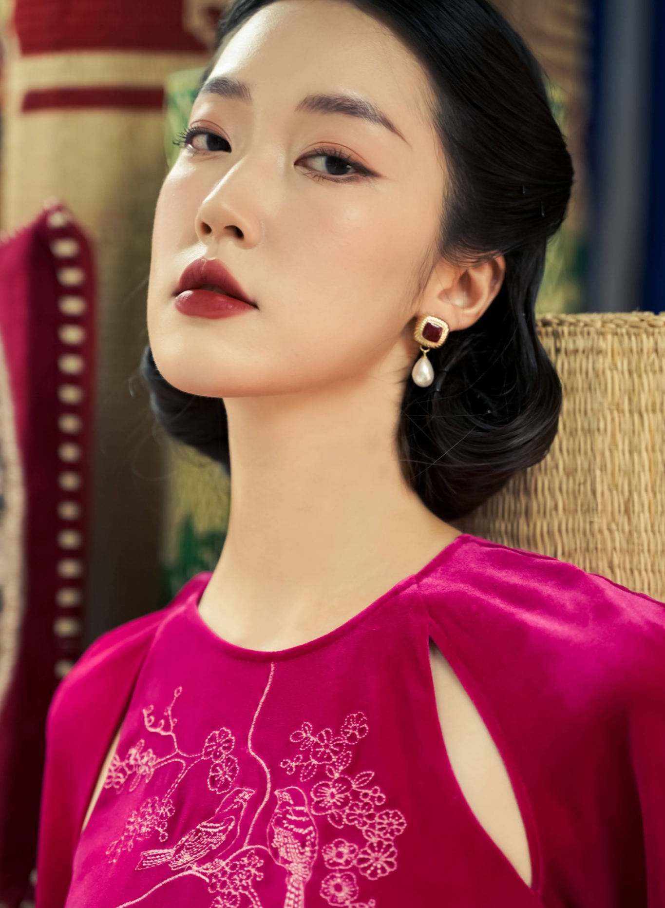 Vietnamese Embroidery - Diem Quyen - Cut-out Embroidered Velvet Dress - side profile in fuchsia by Lalin