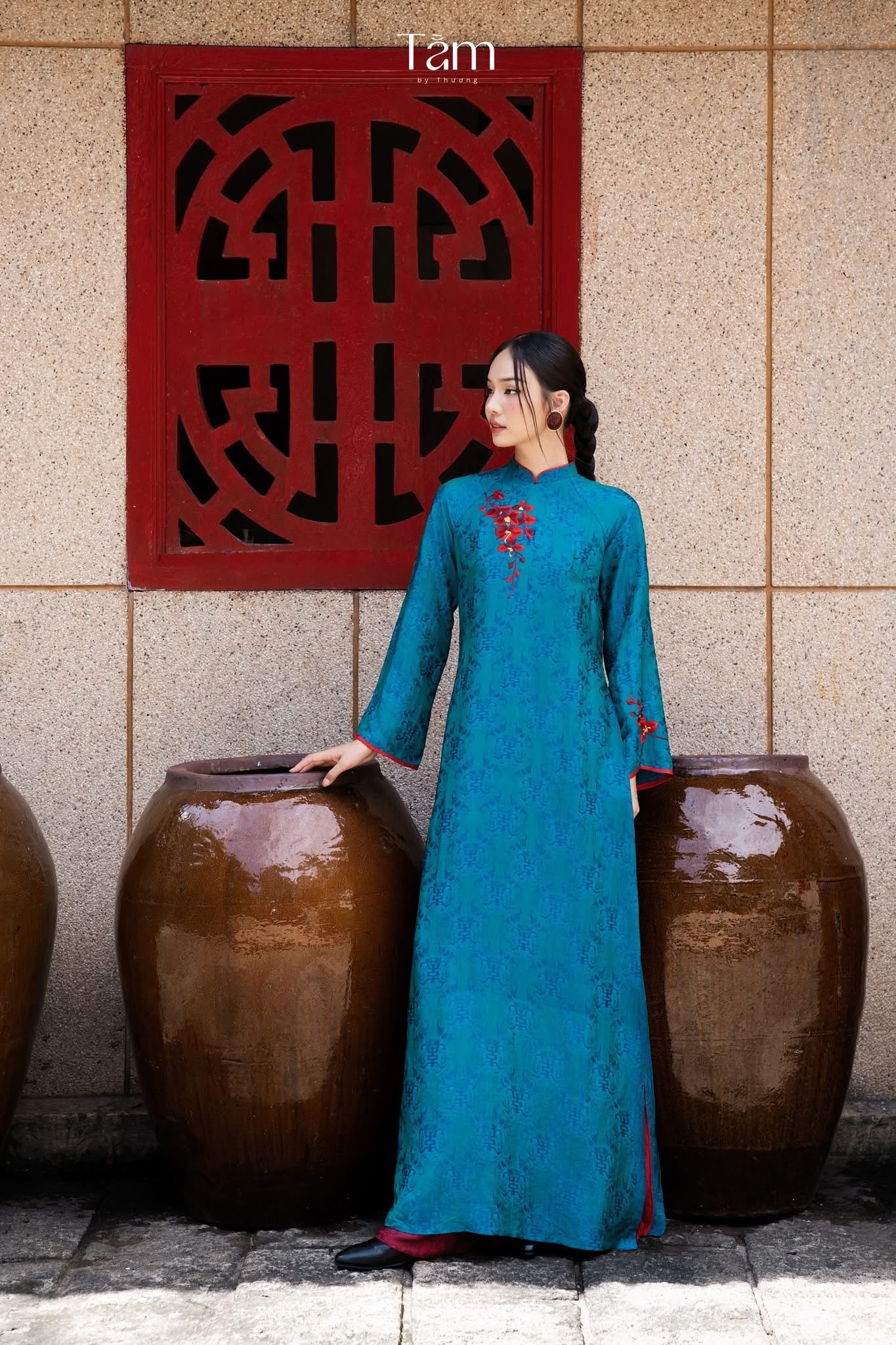 Thu Ky Ao-dai Set- Embroidered Double-layered Ao Dai Set in Duck-neck Teal Wormsilk - front view by Tam