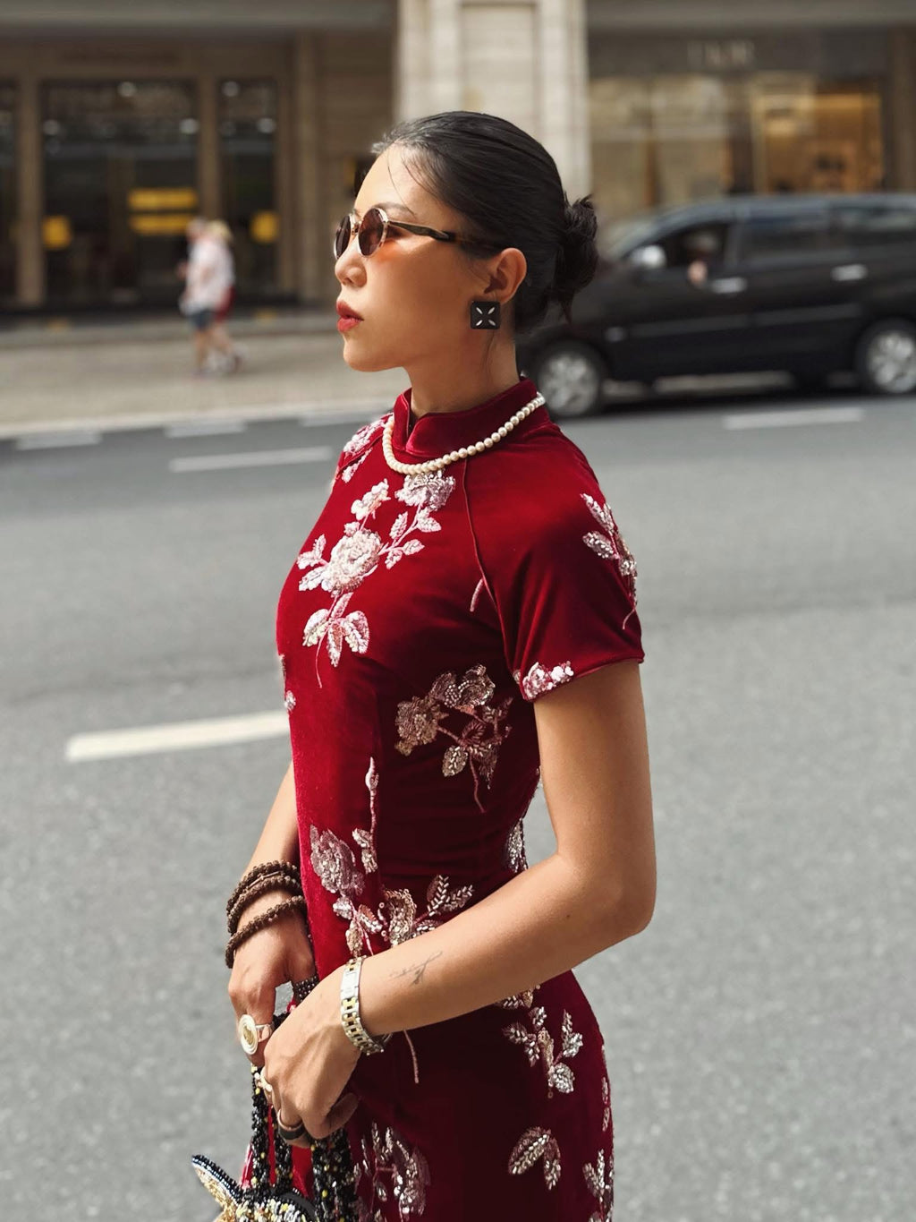 Vietnamese Embroidery - Crimson Peony Cheongsam - Velvet in Deep Red with embellishments - side profile in red by Saang
