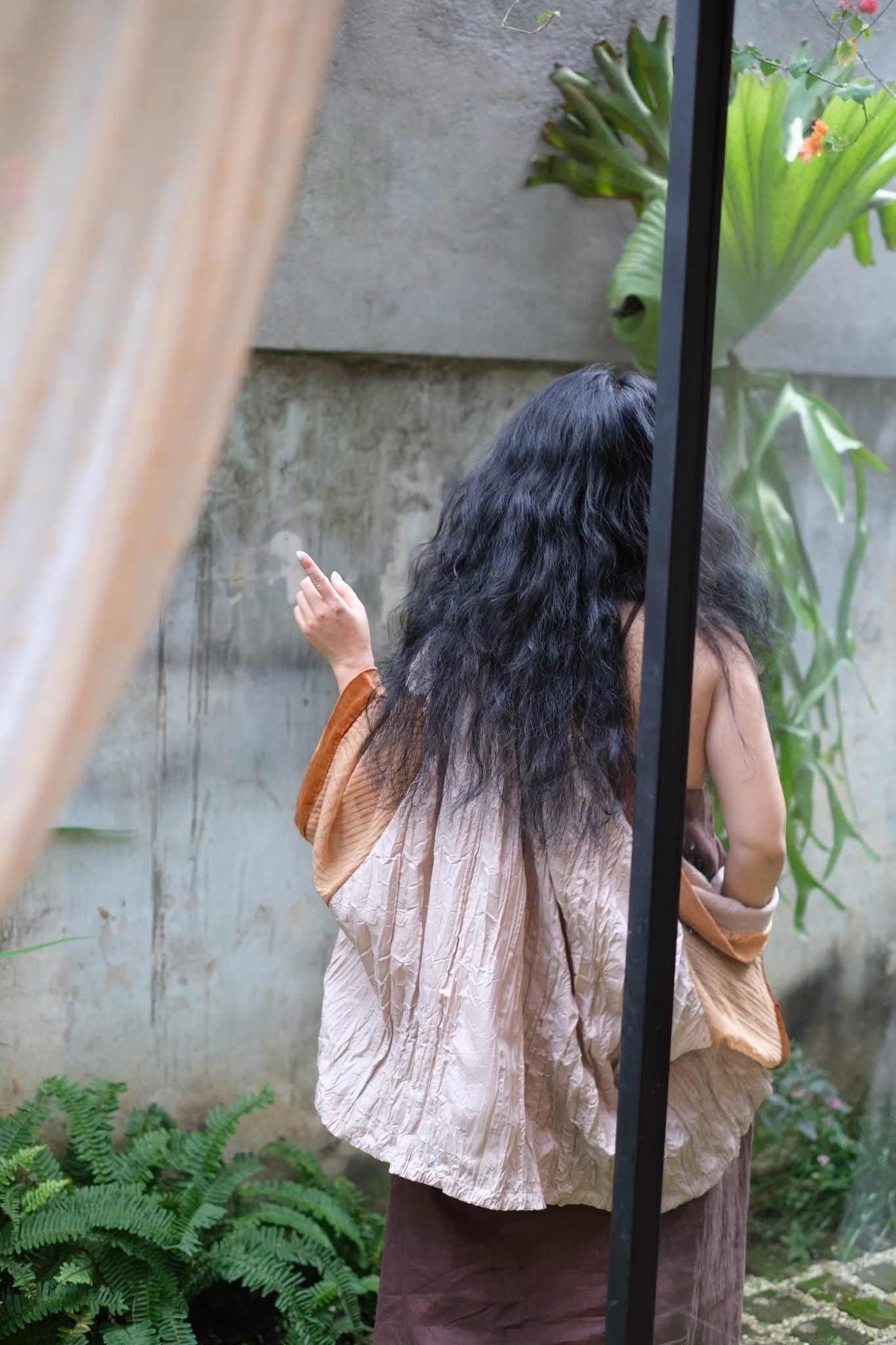 Yuki - Embroidered Chiffon Short Cardigan - Pink Shade with Orange Suede liner - back view by Huulala