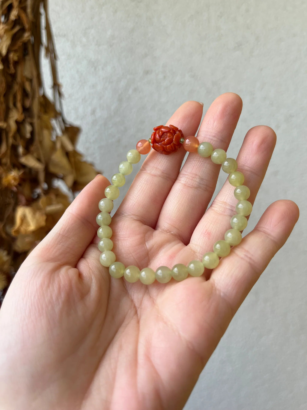 Traditional Motif - “Peony Bloom” – Hetian Jade & Agate Peony Bracelet - front view in green by L'Orient Haus
