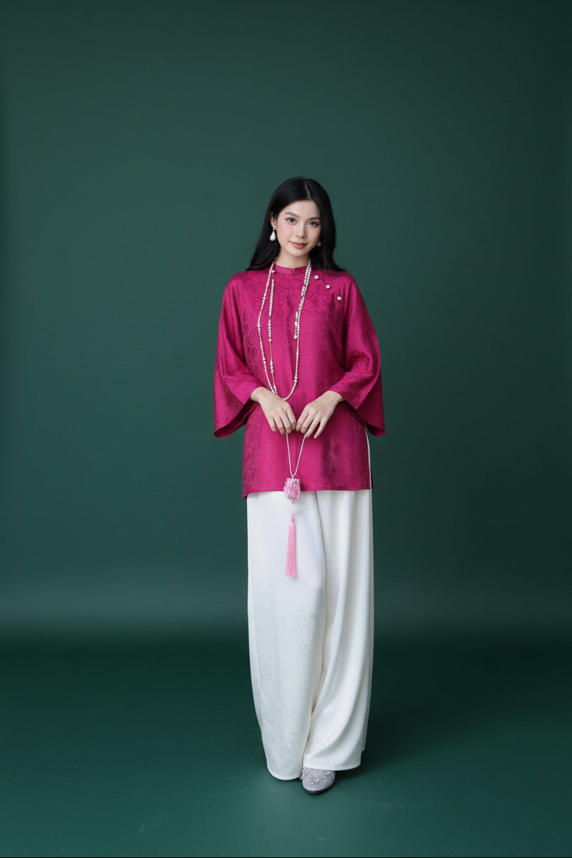 "Tra My" - Mandarin-neck Top - Natural wormsilk in Deep Magenta