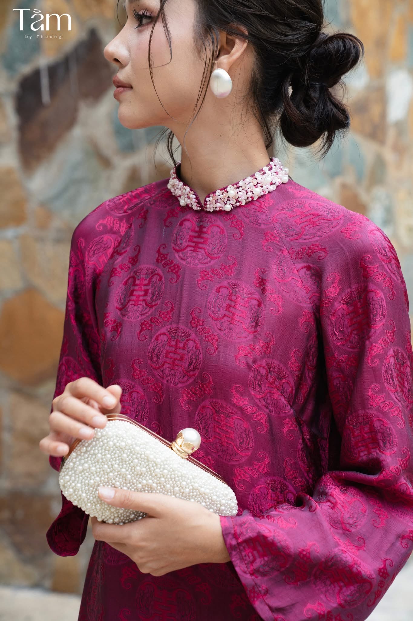 Dao Đài - Wormsilk Modern Ao Dai Set with beaded Collar in Deep Magenta - side profile by Tam