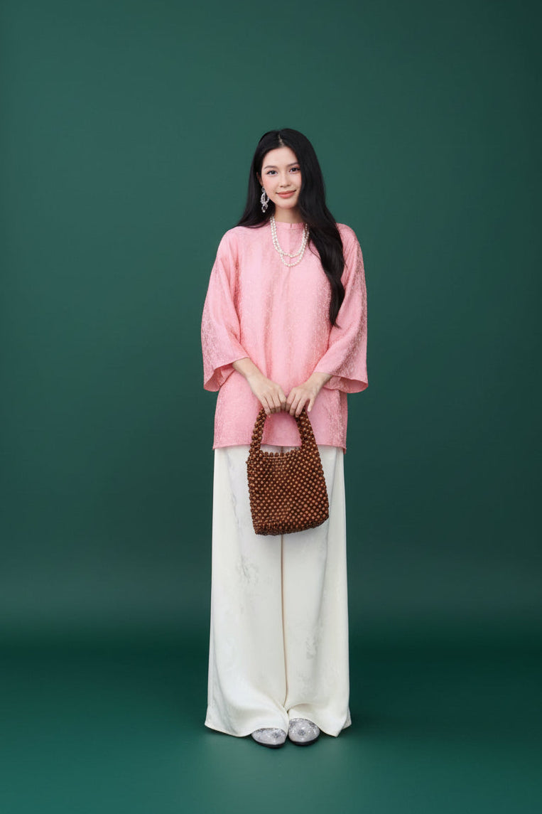 "Tra My" - Mandarin-neck Top - Natural wormsilk in Golden Peach