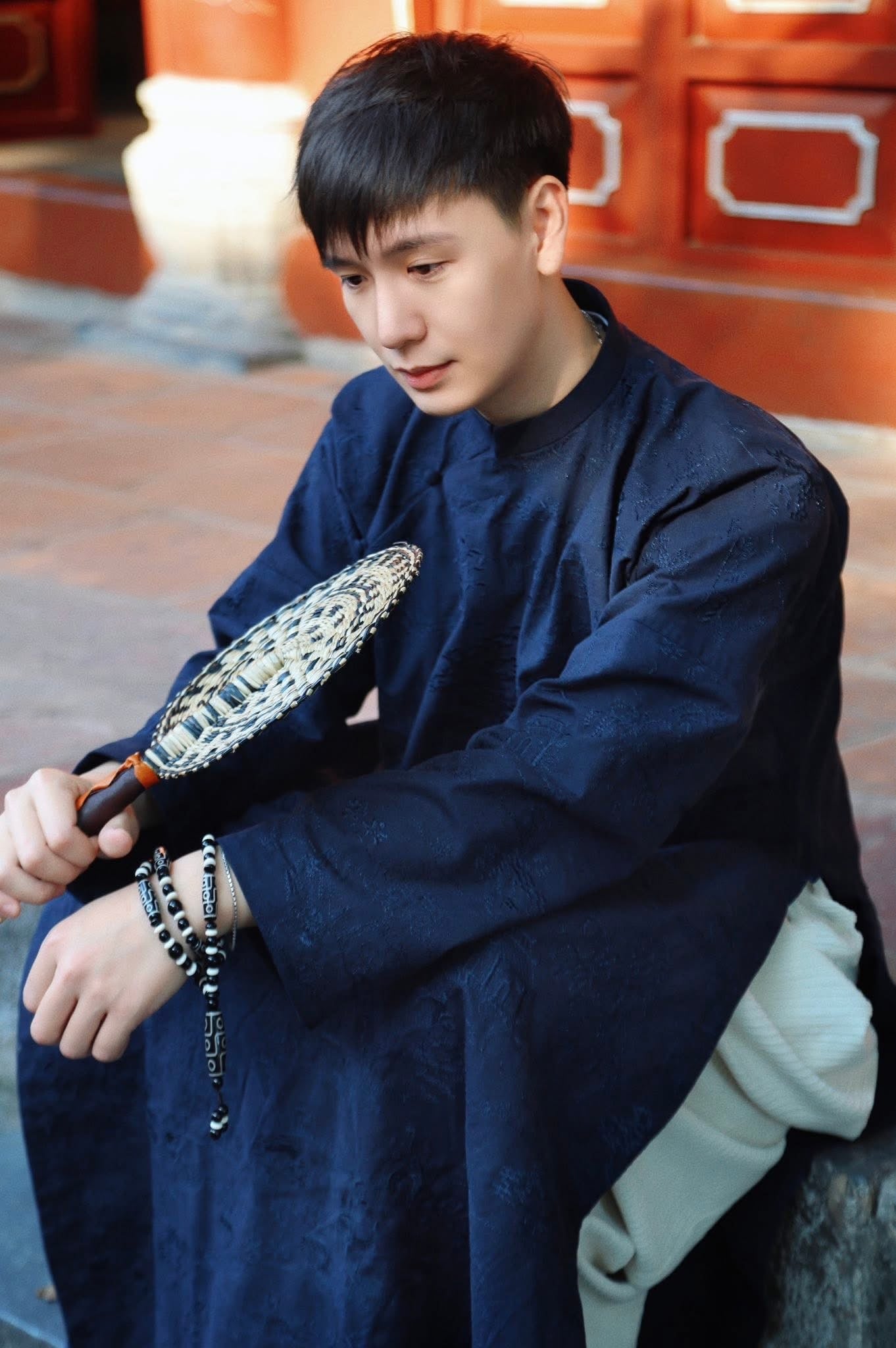 TAM PHƯƠNG – Men’s Hand-Embroidered Linen Áo Dài - styled presentation by Maison LONG