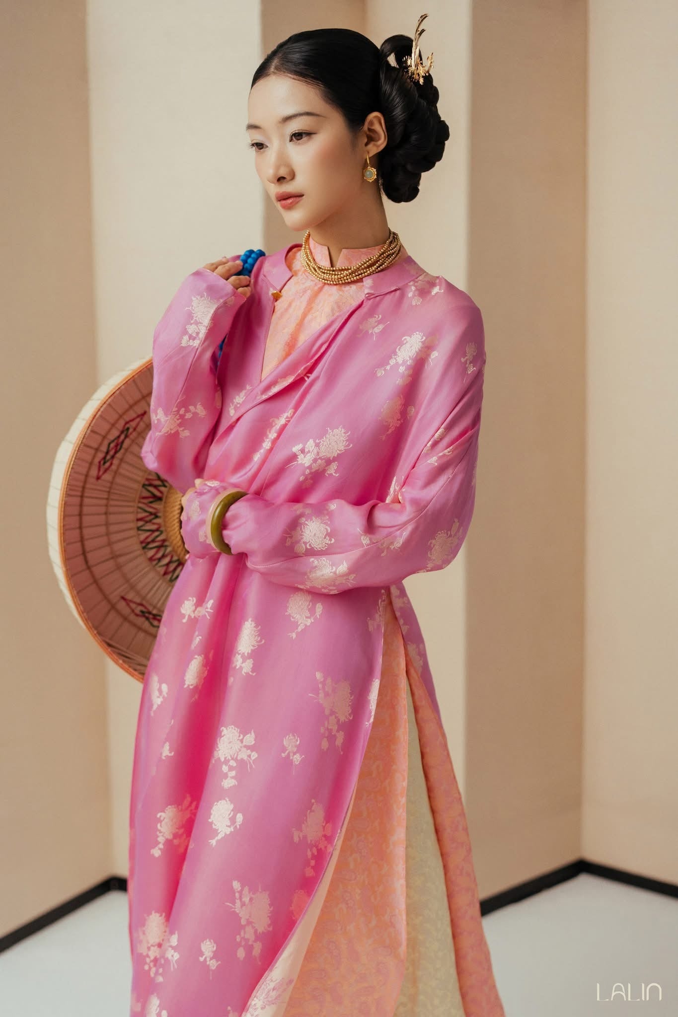 Cam Giao Ao-dai Set – Luxury Double-layer Hand-Embroidered WormSilk in Pink [Wedding Collection] - side profile by Lalin