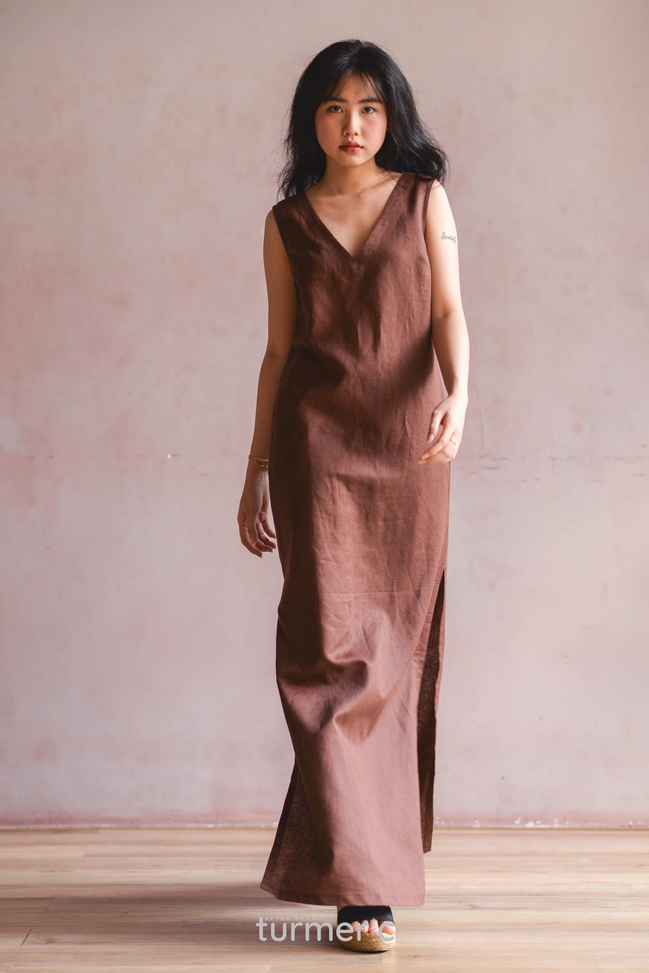 "Everyday Flower" linen maxi dress in brown, sleeveless with a V-neck, by Turmeric.