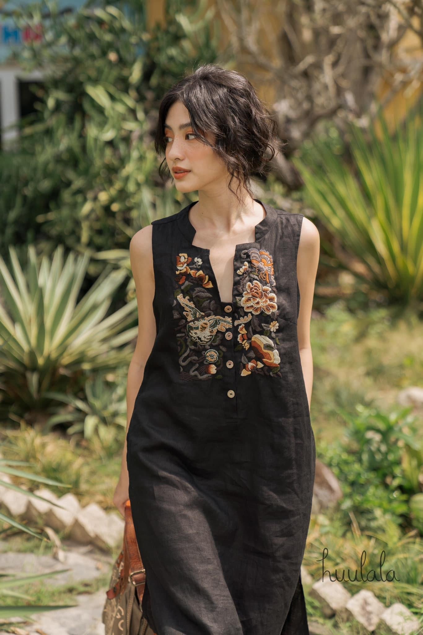 "Dawn- Embroidered v-neck linen dress in black with floral patterns, artisan Vietnamese design by Huulala"
