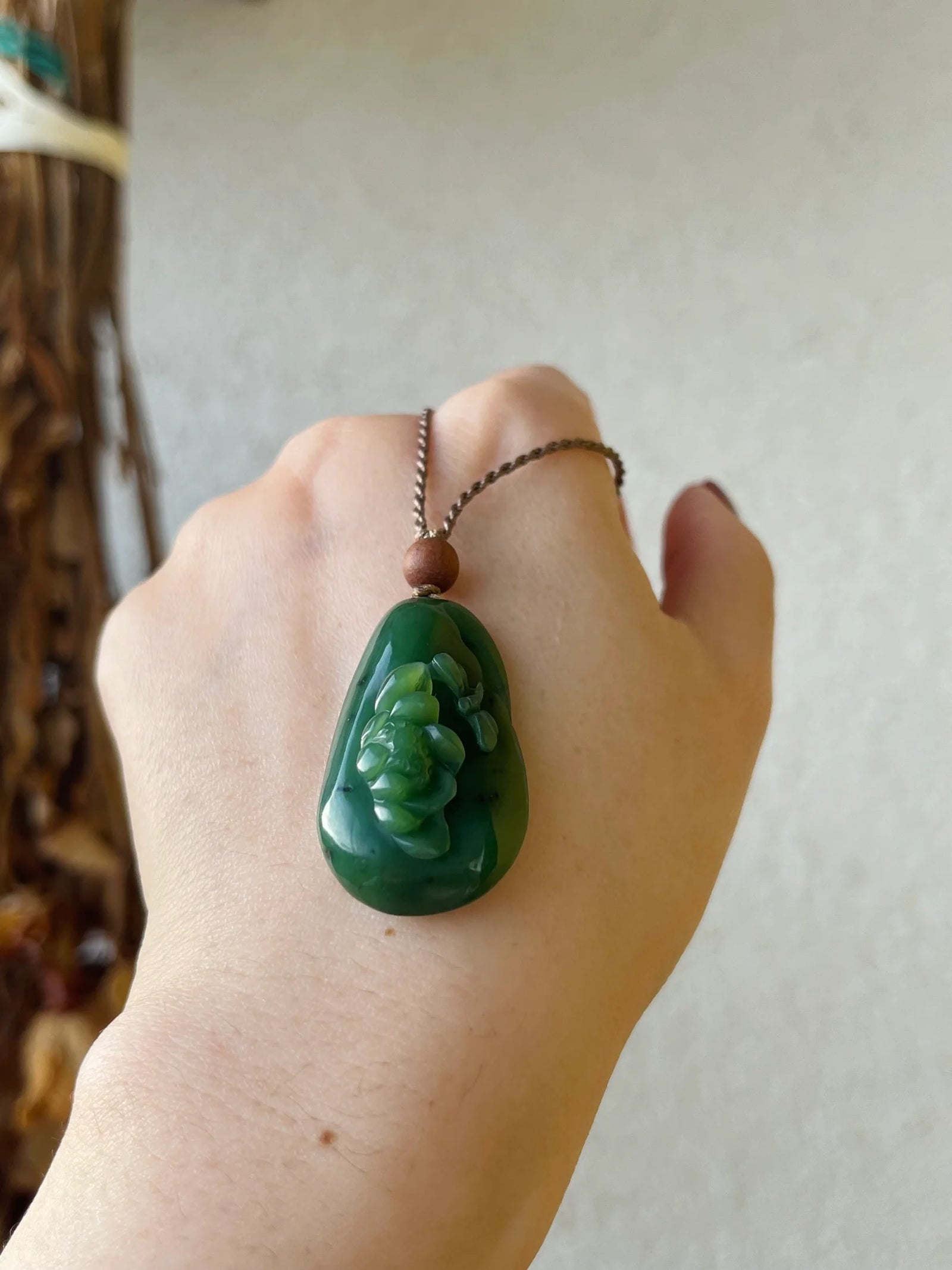 “Eden Whisper” – Green Hetian Jade Lotus & Dragonfly Pendant - detail close-up in green by L'Orient Haus