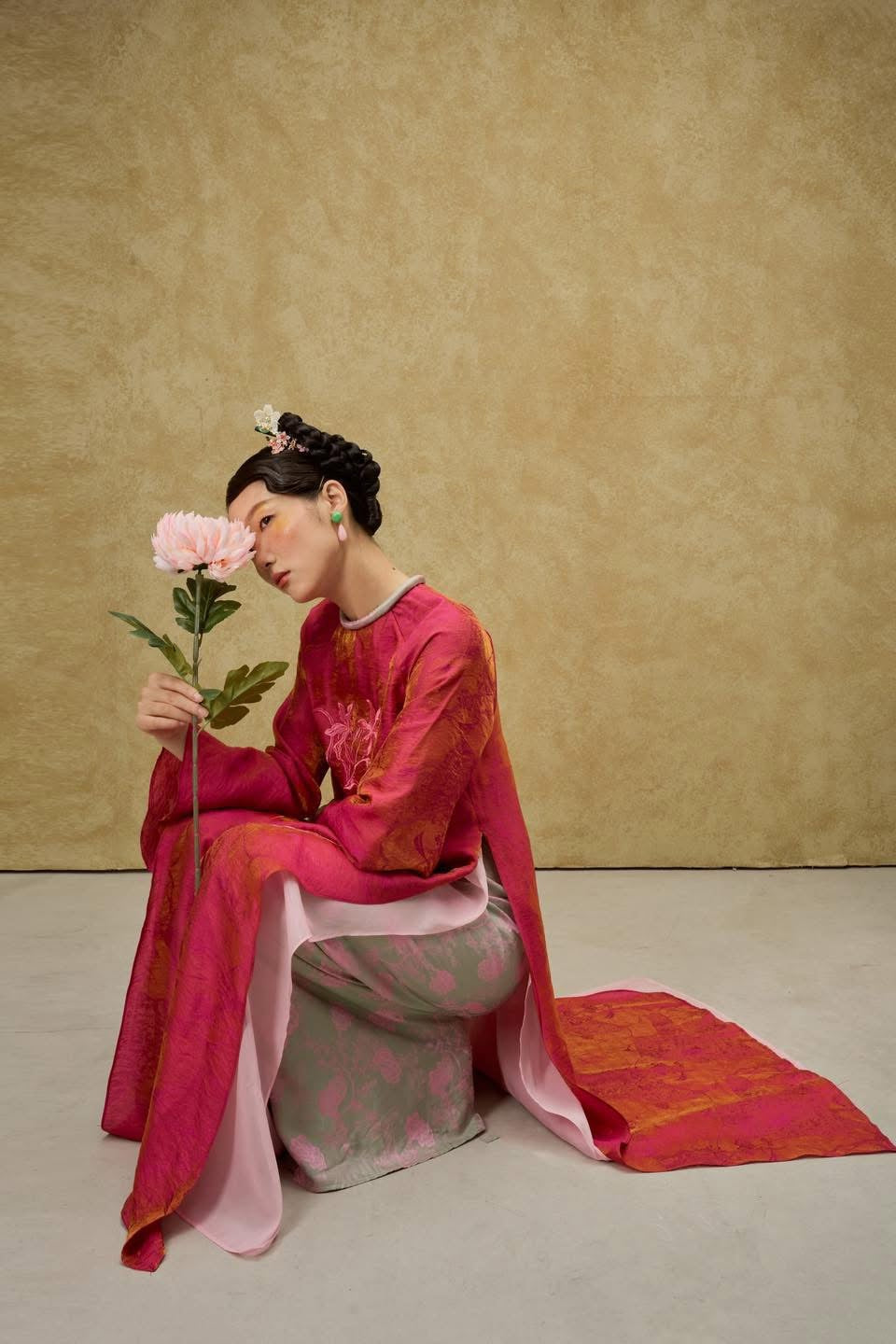 Luu Ly Ao Dai Set - Hangzhou Tencel Silk with Embroidery in Orange Red - styled presentation by SY Design