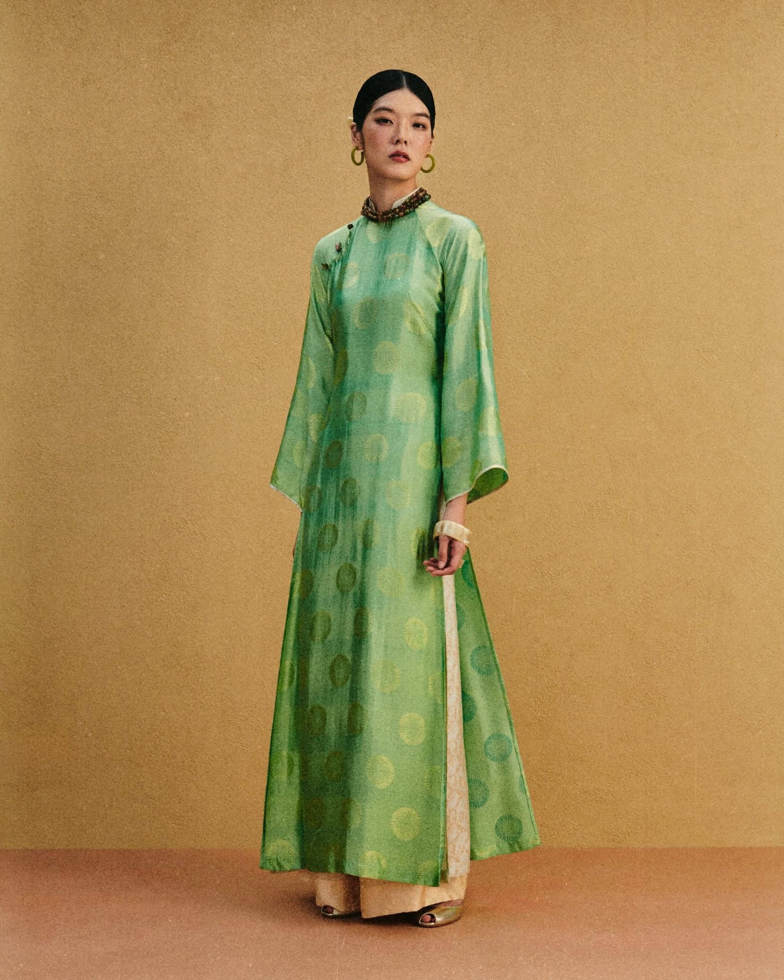 Vietnamese Ao Dai - Verdant Echo Ao Dai Set – Premium Jacquard Silk in Celadon - front view in green by Lo Boutique