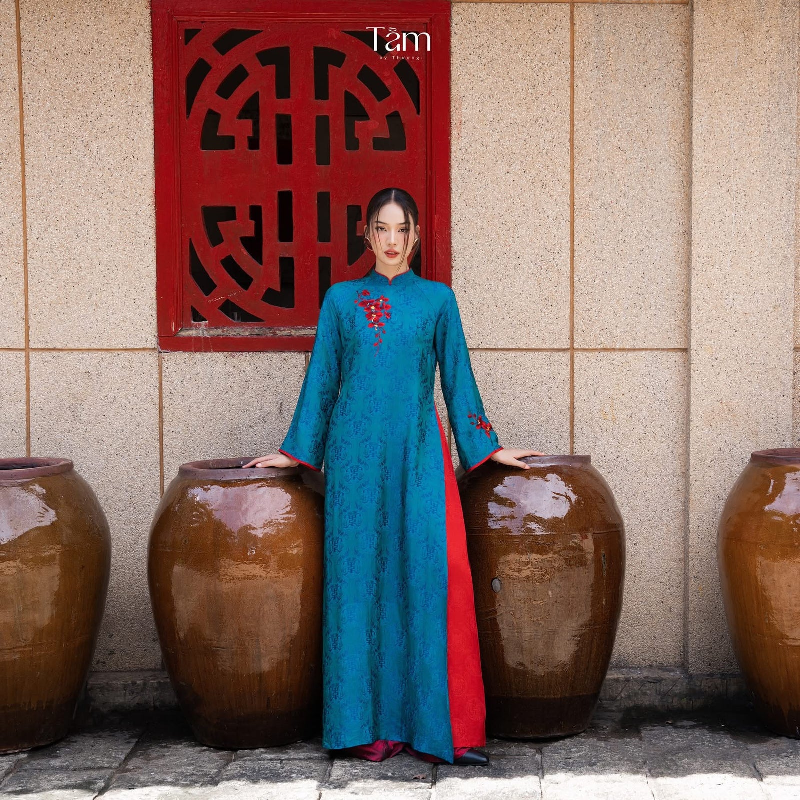 Thu Ky Ao-dai Set- Embroidered Double-layered Ao Dai Set in Duck-neck Teal Wormsilk - front view by Tam