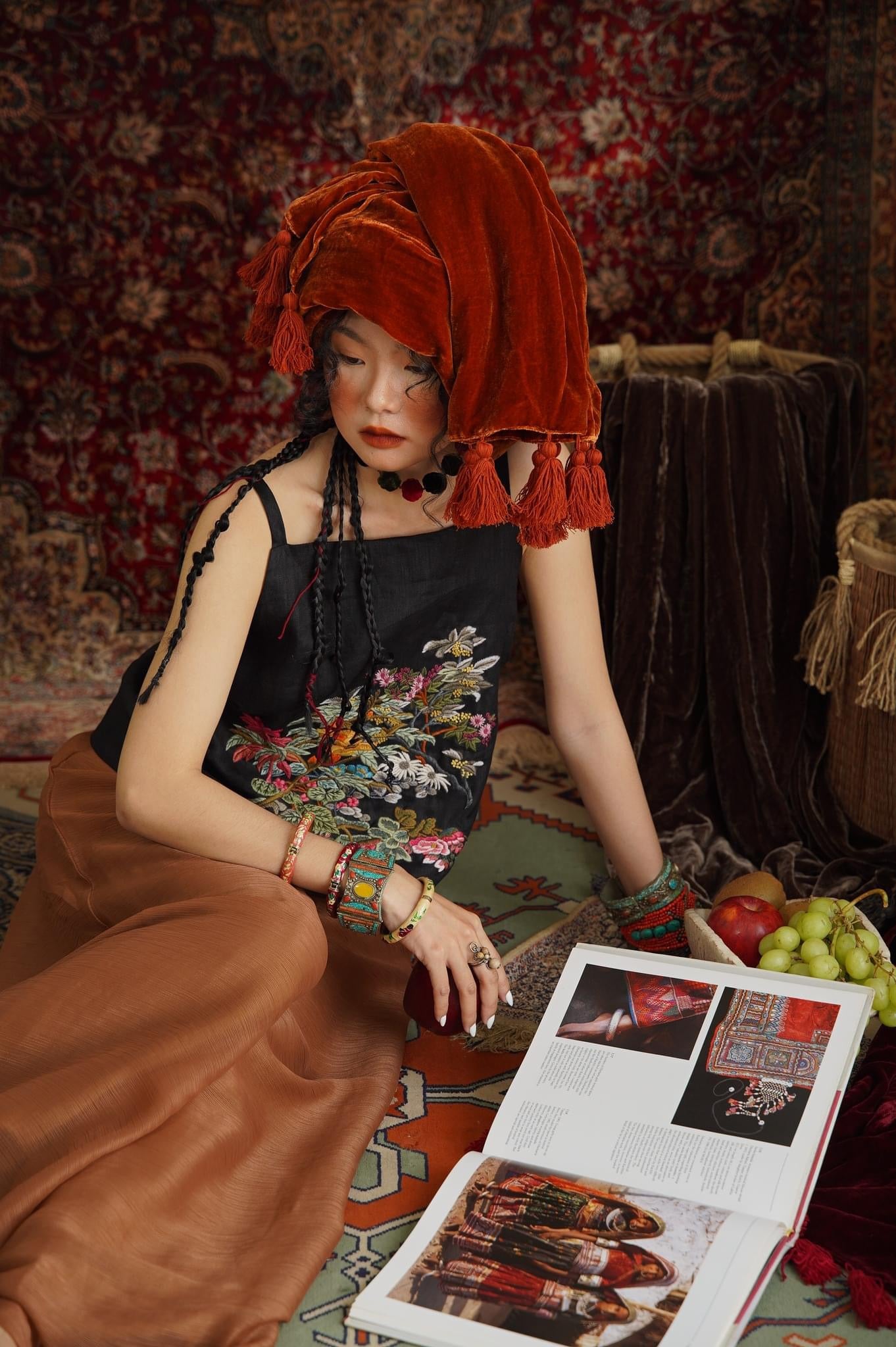 Vietnamese Embroidery - Mai - Embroidered Linen Tank Top - styled presentation in silk in black by Huulala