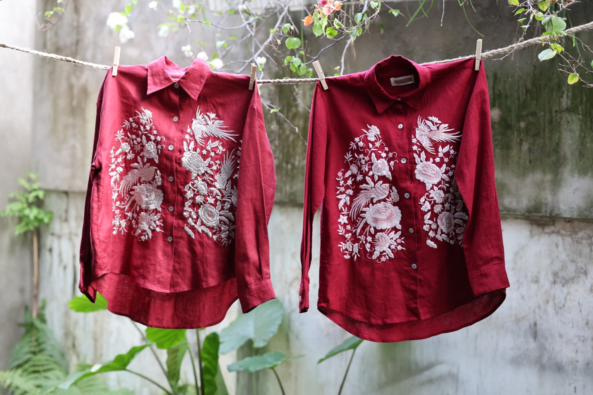 "Fire Phoenix embroidered red linen shirt by Huulala with floral Vietnamese design"