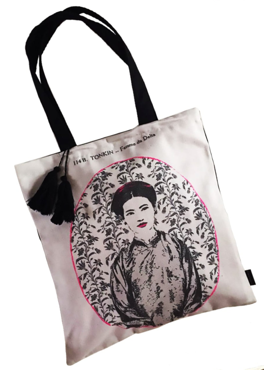 "People of the Orient Tote - Miss Dung, white cotton bag with traditional Vietnamese Ao dai design, black and red accents, cultural heritage theme."