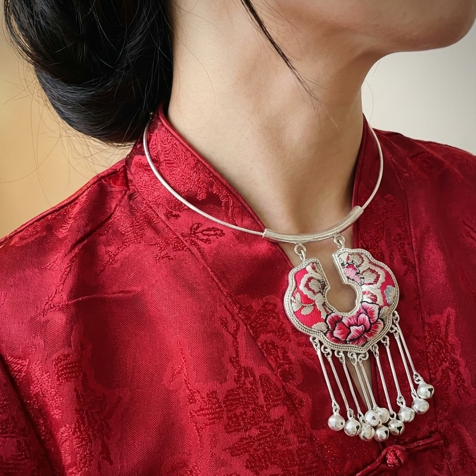 Blessings - Miao Handcrafted Silver Necklace Pendant (with complementary chain) - worn presentation by Miao Ethnicity
