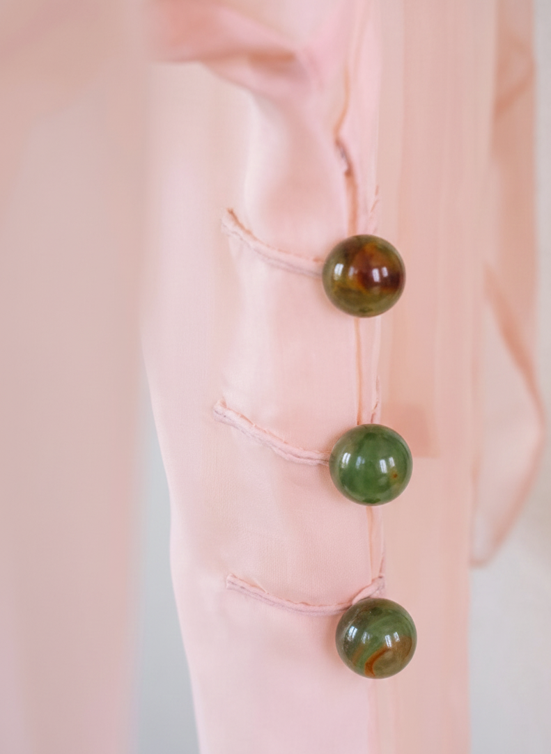 "Tràng An" Ao-dai set - Luxury Organza in Blush - lifestyle shot | Vietnamese Luxury Fashion