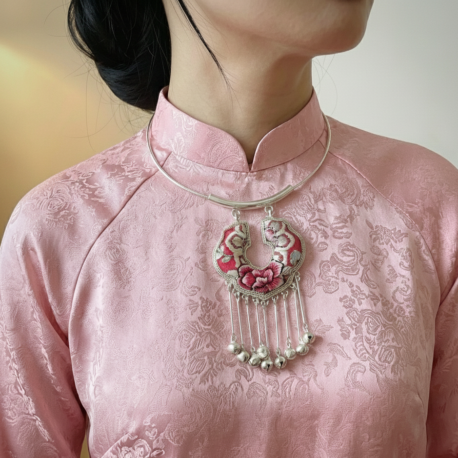 Blessings - Miao Handcrafted Silver Necklace Pendant (with complementary chain) - worn presentation by Miao Ethnicity