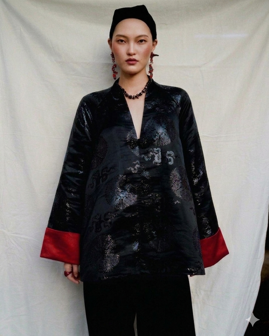 “Brocade Poise” Top - Premium Brocade in Silky Black with Red Cuff - front view by Bonjour