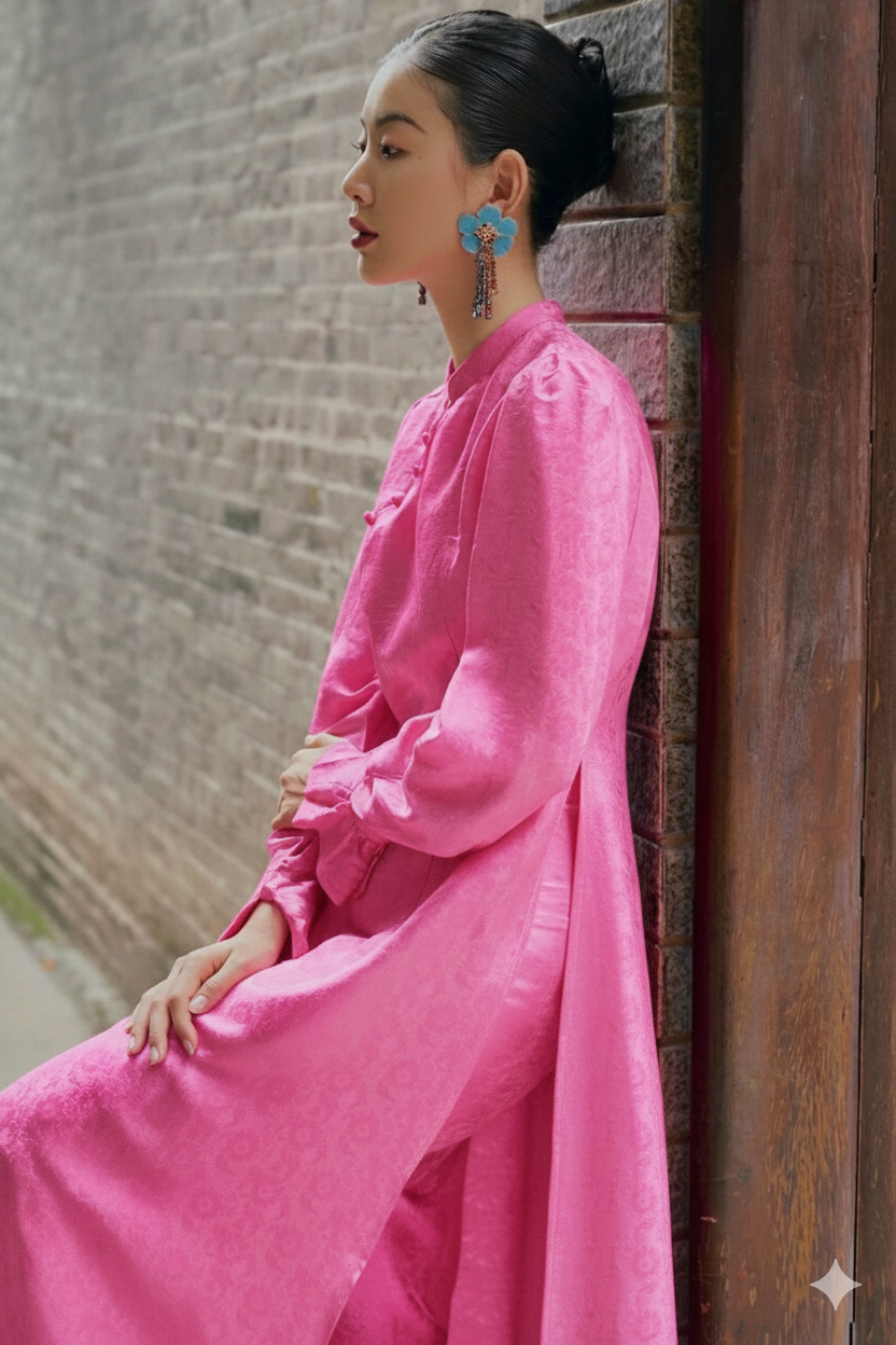 Vietnamese Ao Dai - Tang Bong Ao Dai Set - Wormsilk with Puff Sleeve - side profile in pink by SY Design