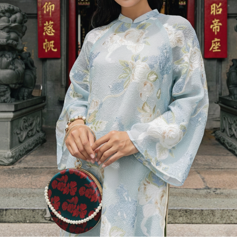 “Nguyệt Tú” – Wormsilk Silk Round Clutch with Metal Handle in Blue/Red - front view by Moc - Bags