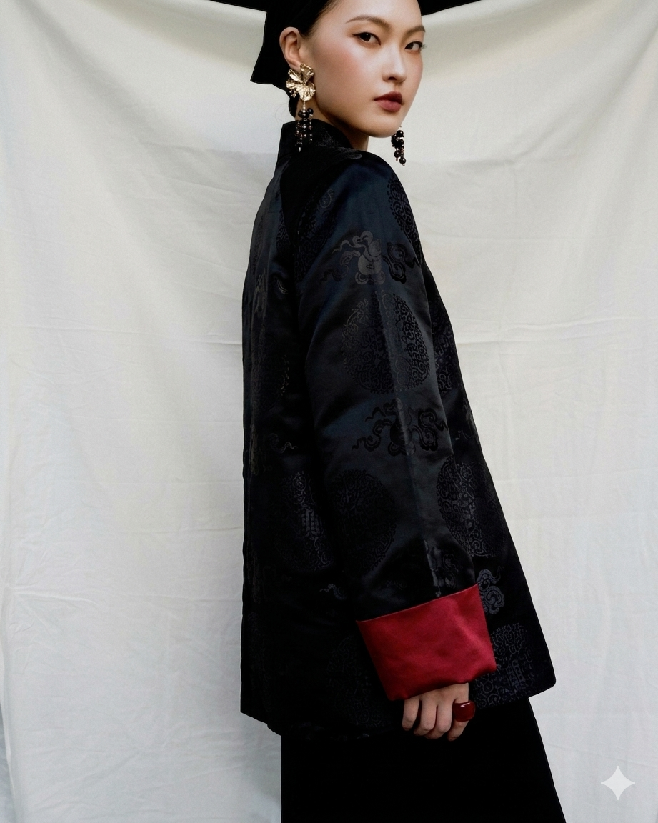 Traditional Motif - “Brocade Poise” Top - Premium Brocade in Silky Black with Red Cuff - side profile in black by Bonjour