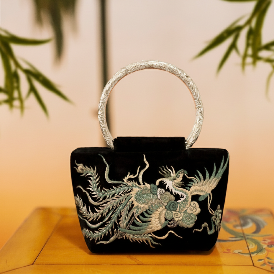 Traditional Motif - “Phượng Vũ” – Hand-Embroidered Velvet Handbag with Fine Silvery/Brass Handle - front view in black by Tho