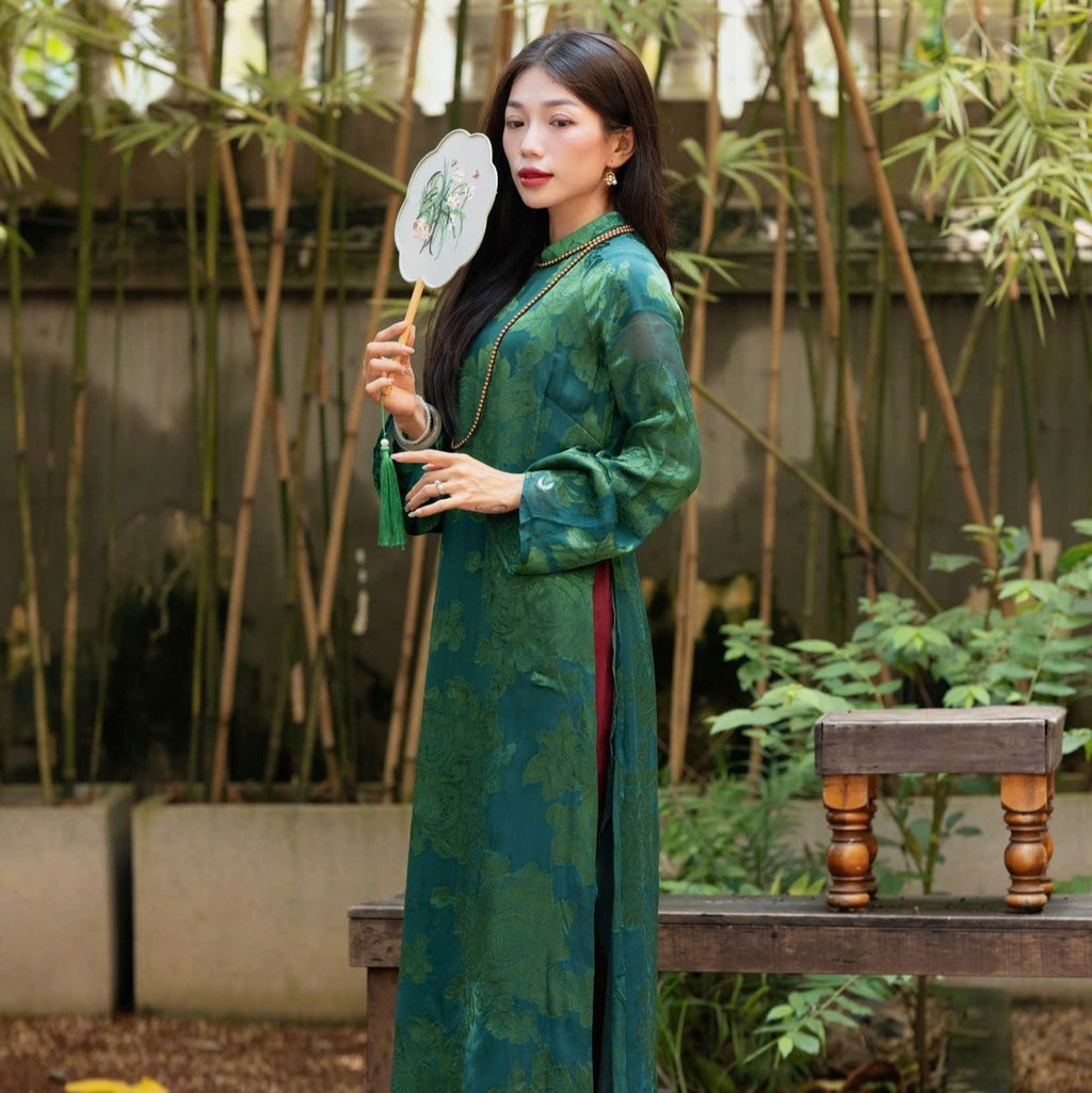 "Giai Nhan" Premium Ao Dai set - Flowery Wormsilk Double Layer in Green