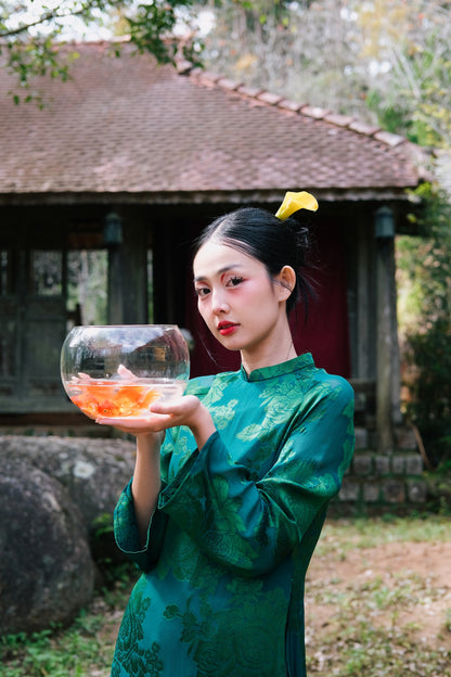 "Giai Nhan" Premium Ao Dai set - Flowery Wormsilk Double Layer in Green