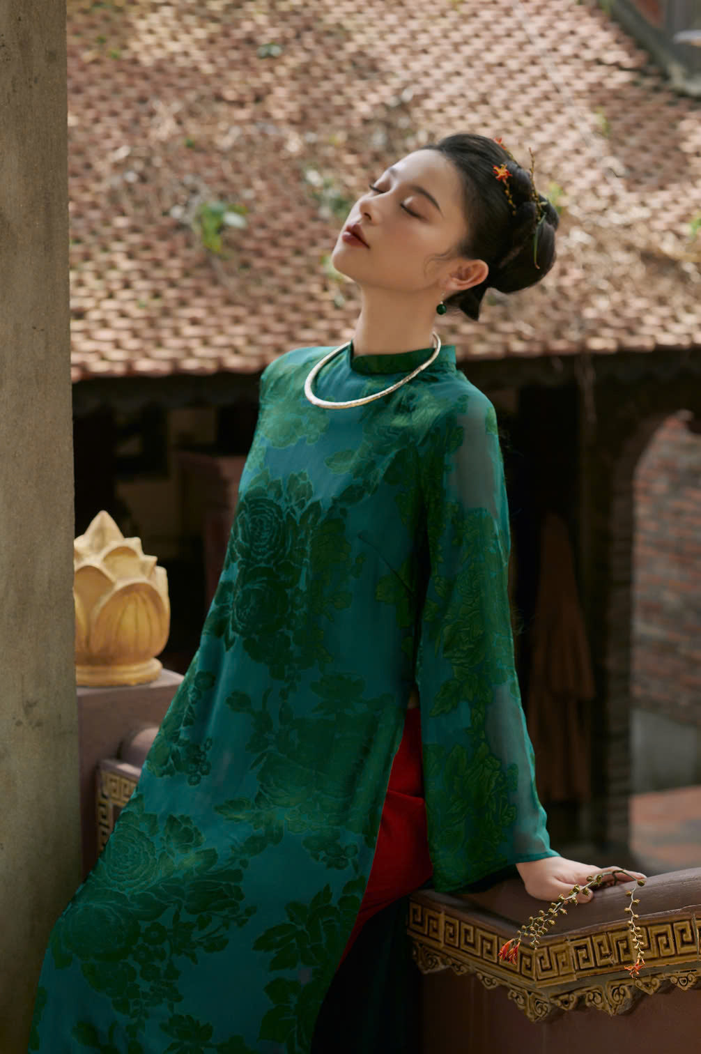 "Giai Nhan Premium Ao Dai set in green silk, traditional Vietnamese dress by Moc."
