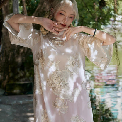 "Giai Nhan" Premium Ao Dai set - Flowery Wormsilk Double Layer in White