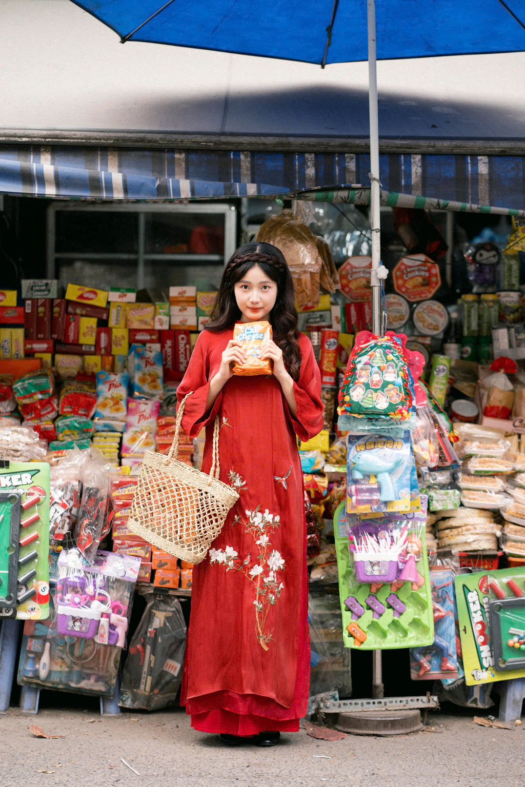 "Giao Mien" Ao Dai set - Silk-embroidered flowers on Natural Silk in Red
