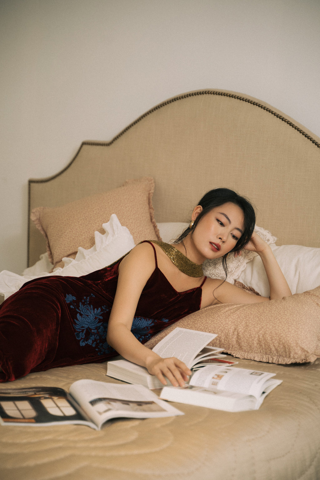 "Rumi - Embroidered Suede Dress in Burgundy by Huulala, red and blue floral artisan design, cultural authenticity"