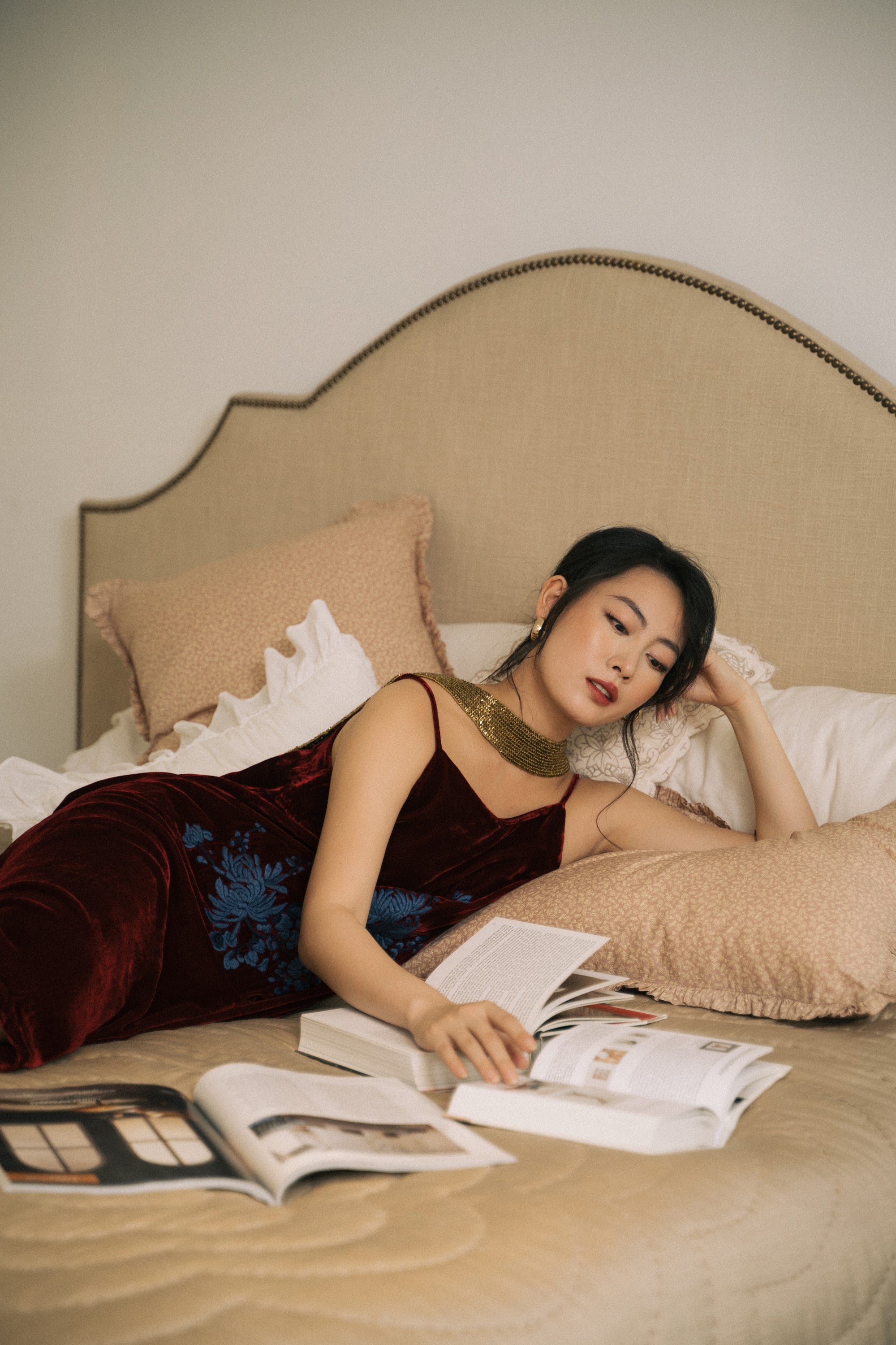 "Rumi - Embroidered Suede Dress in Burgundy by Huulala, red and blue floral artisan design, cultural authenticity"