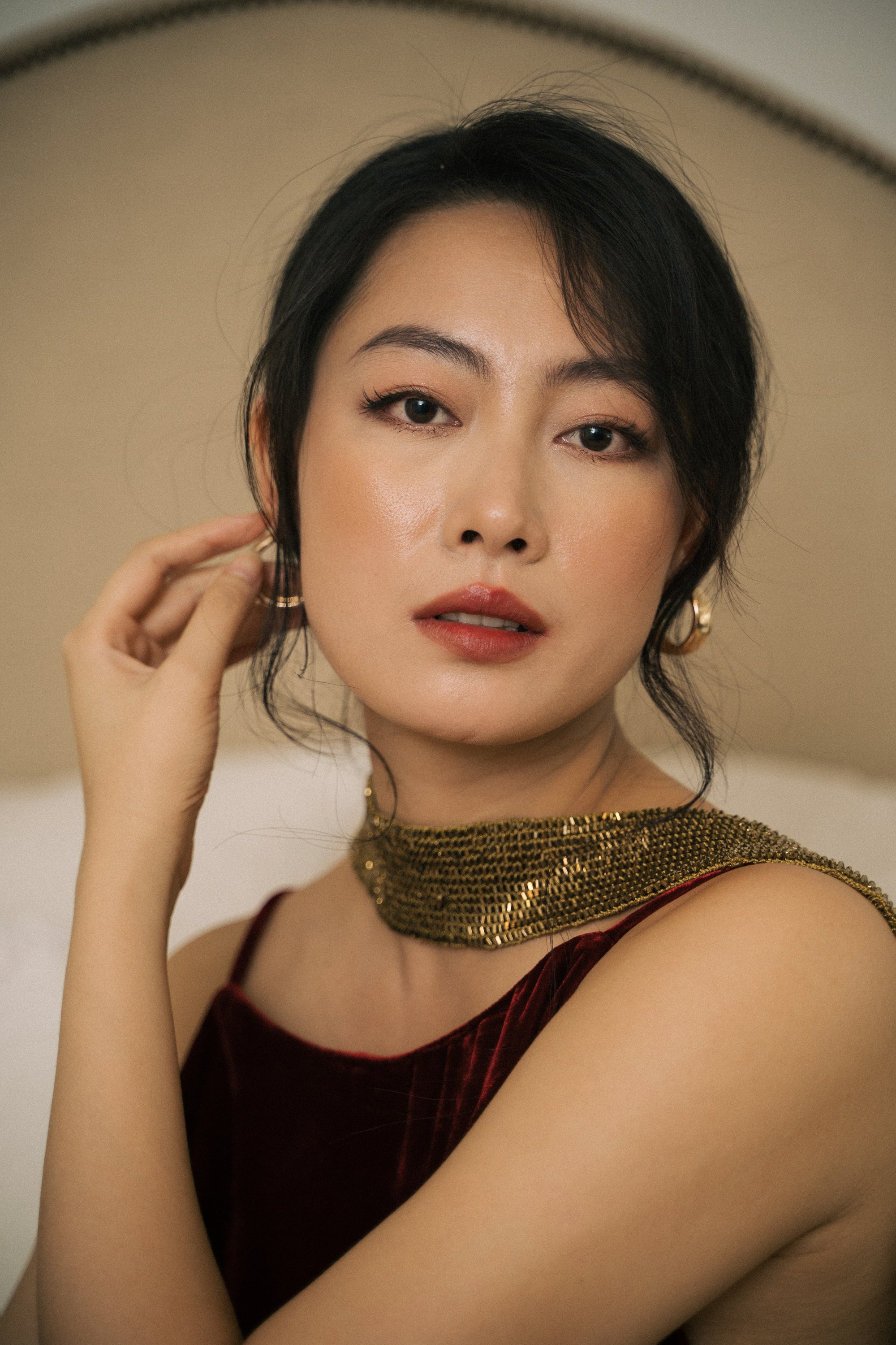 "Rumi - Embroidered Suede Dress in Burgundy by Huulala, featuring artisan floral patterns and rich red hues."