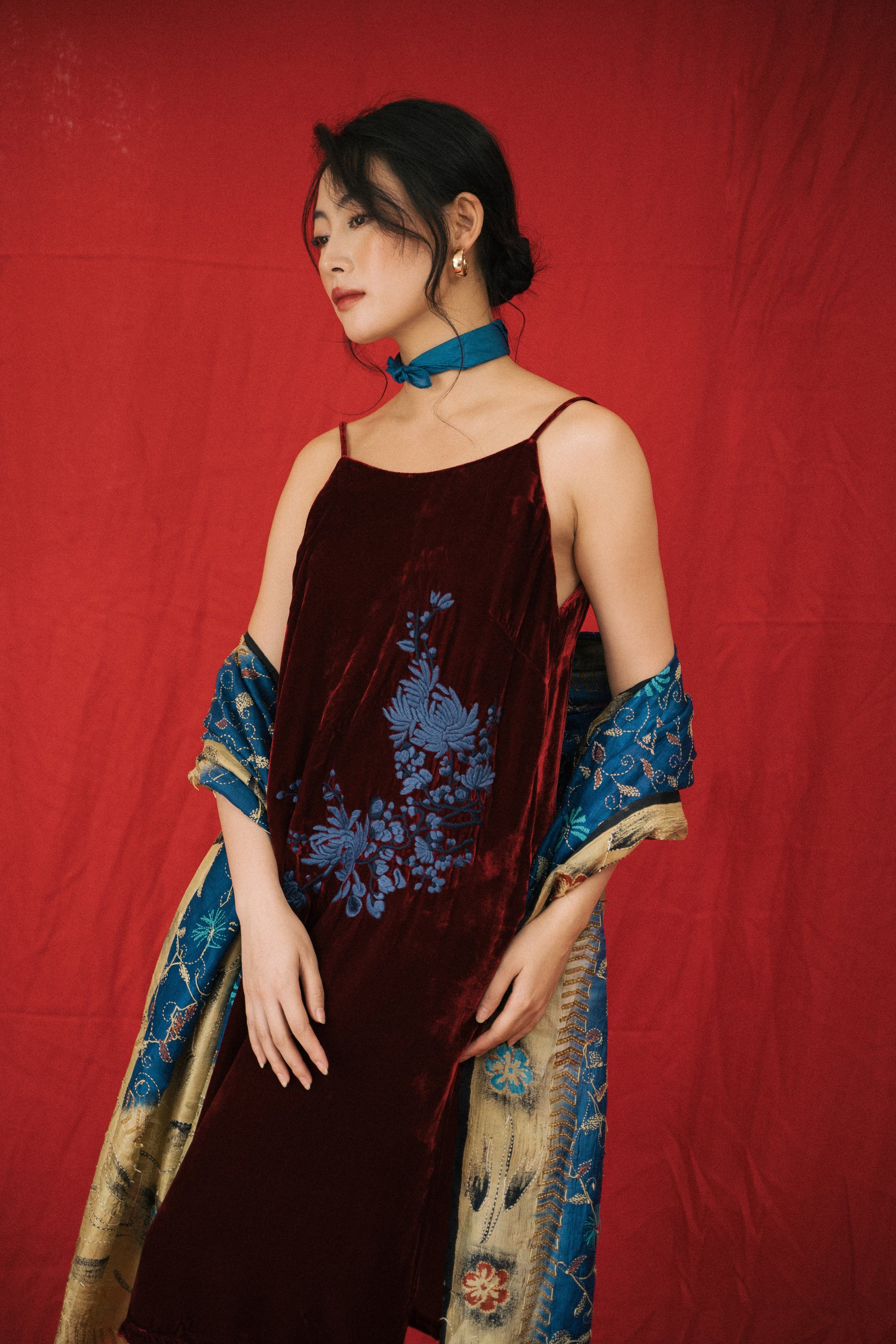 "Rumi - Embroidered Suede Dress in Burgundy by Huulala, red and blue floral artisan design"