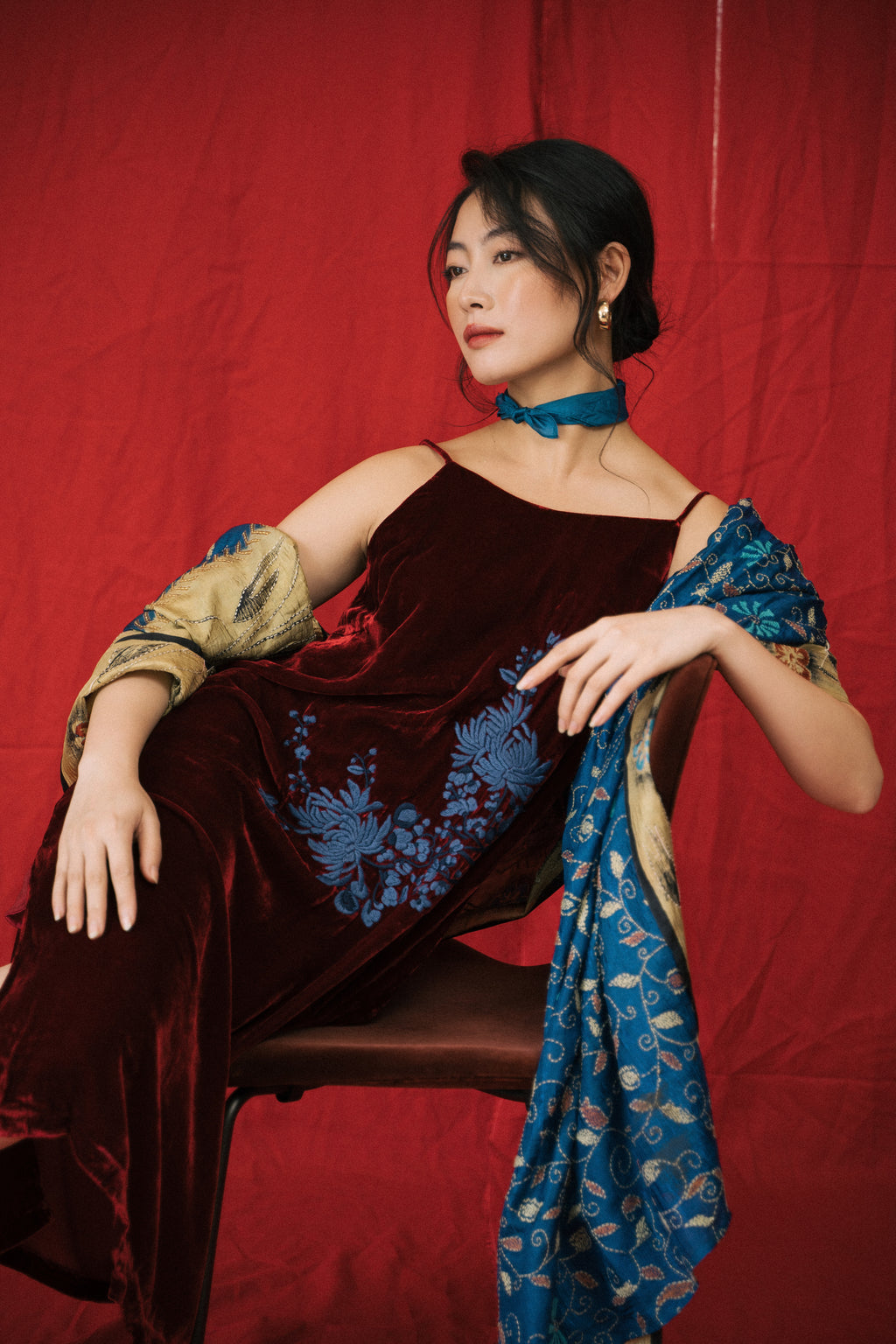 "Rumi" Embroidered Suede Dress in Burgundy by Huulala, red and blue floral artisan design.