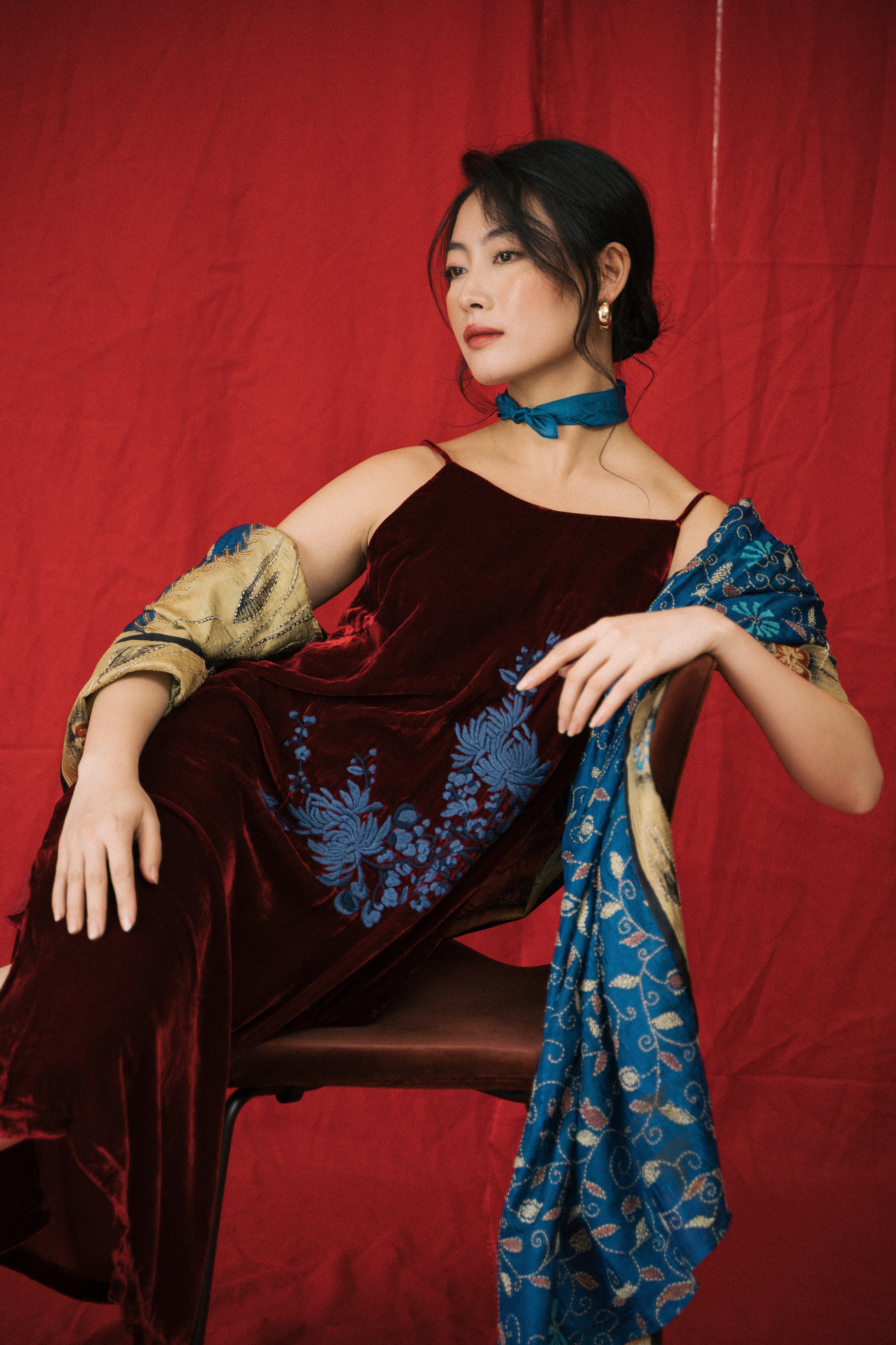 "Rumi" Embroidered Suede Dress in Burgundy by Huulala, red and blue floral artisan design.