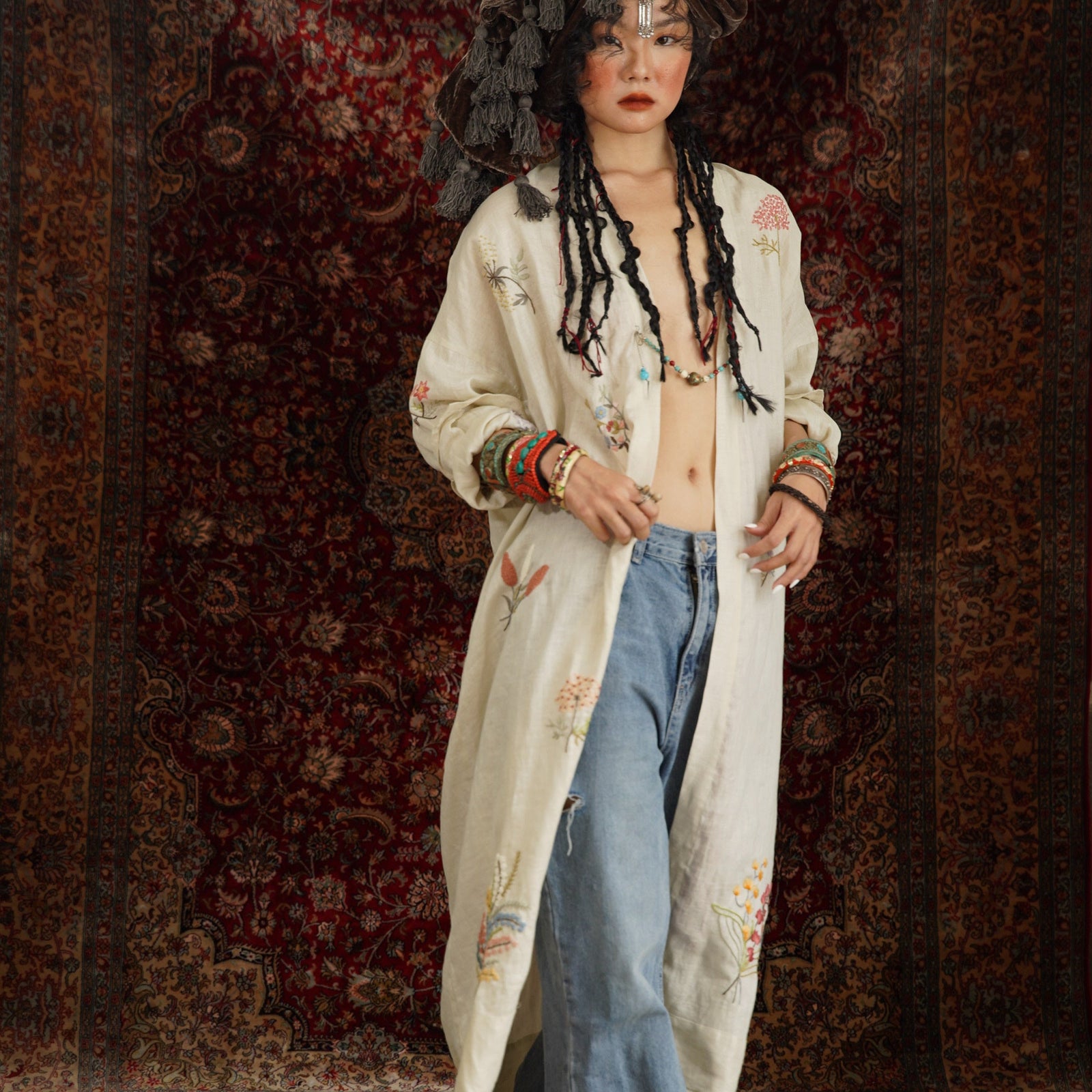 Vietnamese Embroidery - Terra - Embroidered Linen Cardigan - front view in white by Huulala
