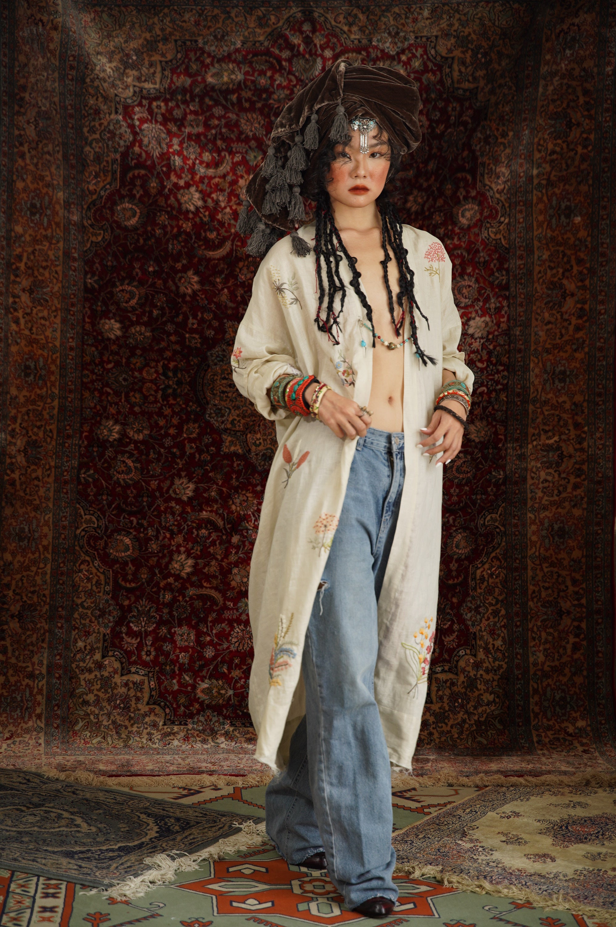 "Terra - Embroidered Linen Cardigan in Black by Huulala, featuring artisan floral patterns, cultural authenticity."
