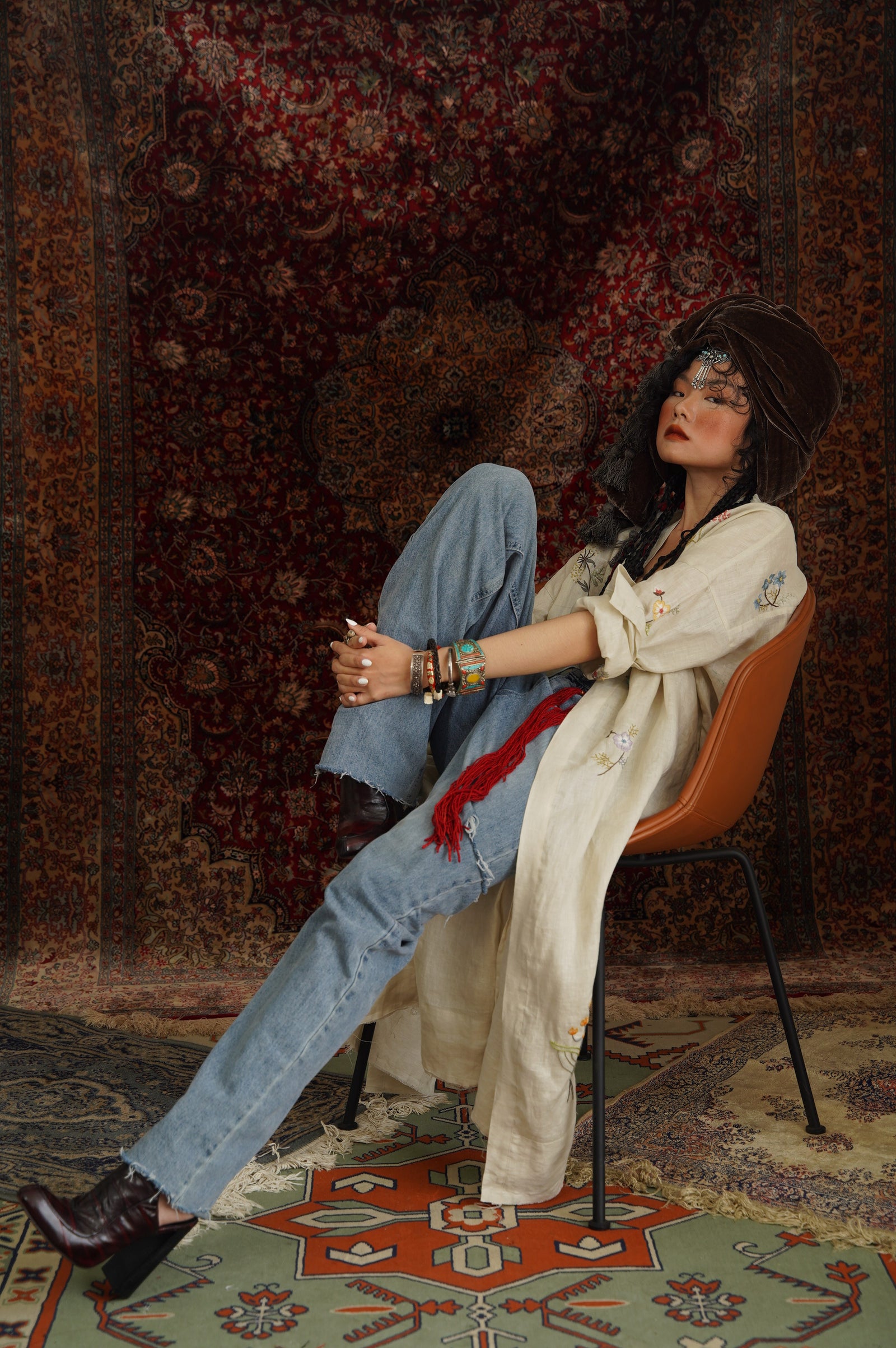 Vietnamese Embroidery - Terra - Embroidered Linen Cardigan - styled presentation in beige by Huulala