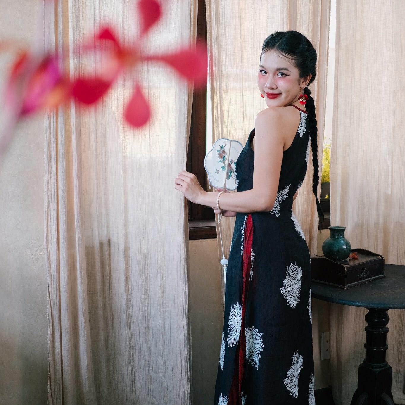 "Giac Mong Dem He Halter Dress - Black Silk Ao dai with Red Embroidered Flowers, Traditional Vietnamese Design"