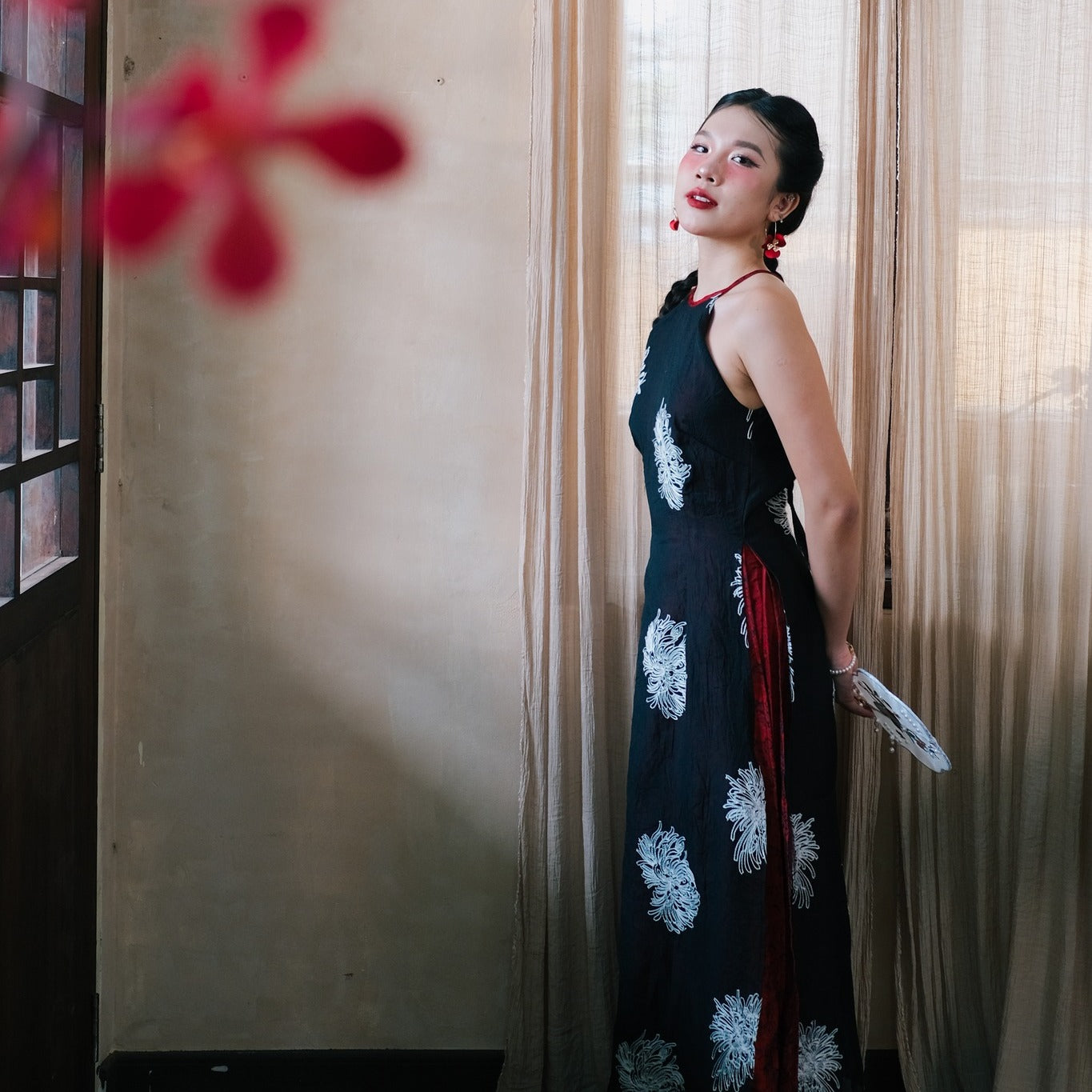 Vietnamese Ao Dai - Giac Mong Dem He Halter Dress - Embroidered Flower on Black Silk - side profile in black by Moc