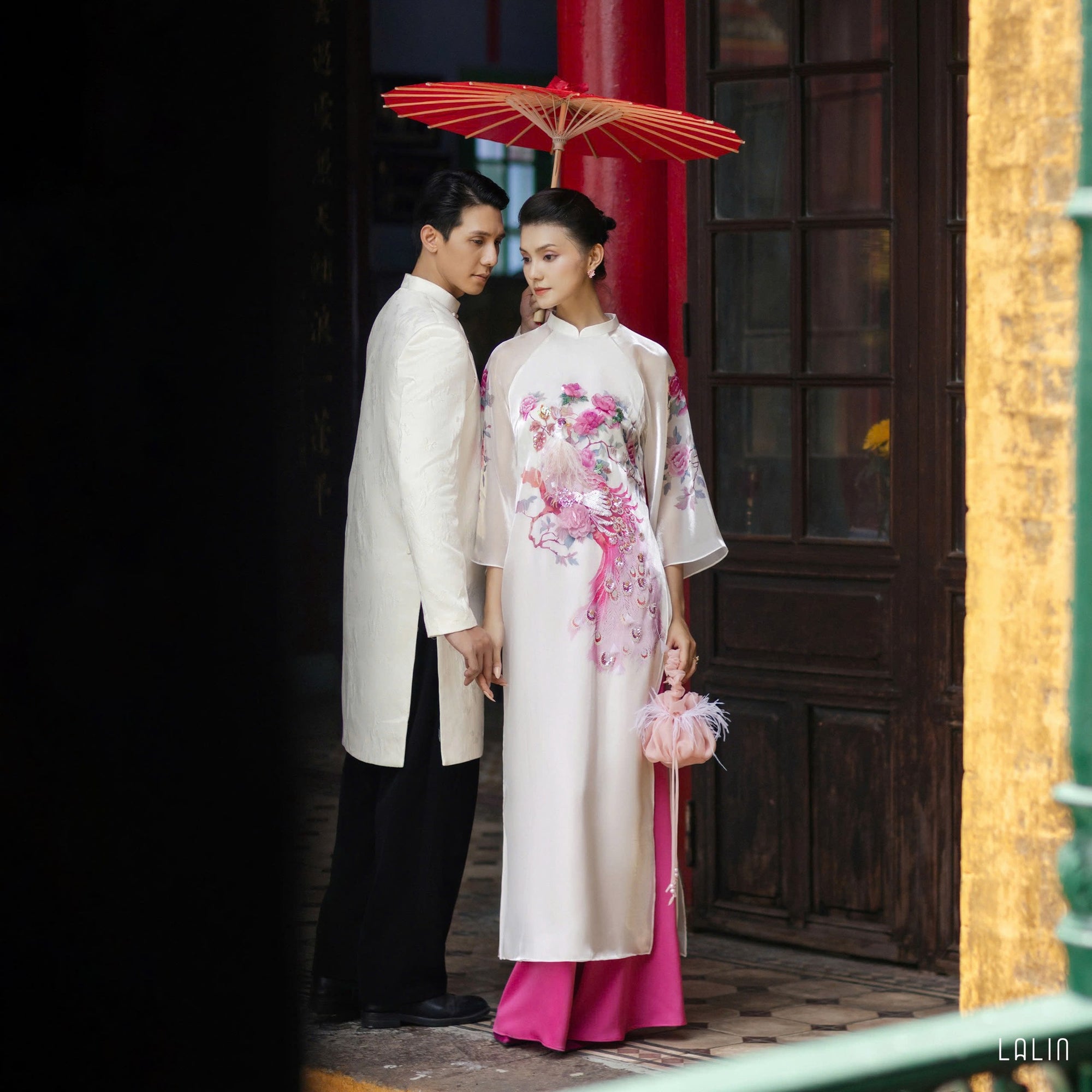 "Luxury white silk Ao Dai with red embroidery, traditional Vietnamese dress by Lalin"
