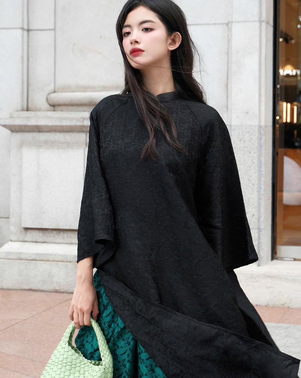 "Black 'Huyen Hoa' Ao dai set in 100% silkworm silk, traditional Vietnamese dress by Moc."