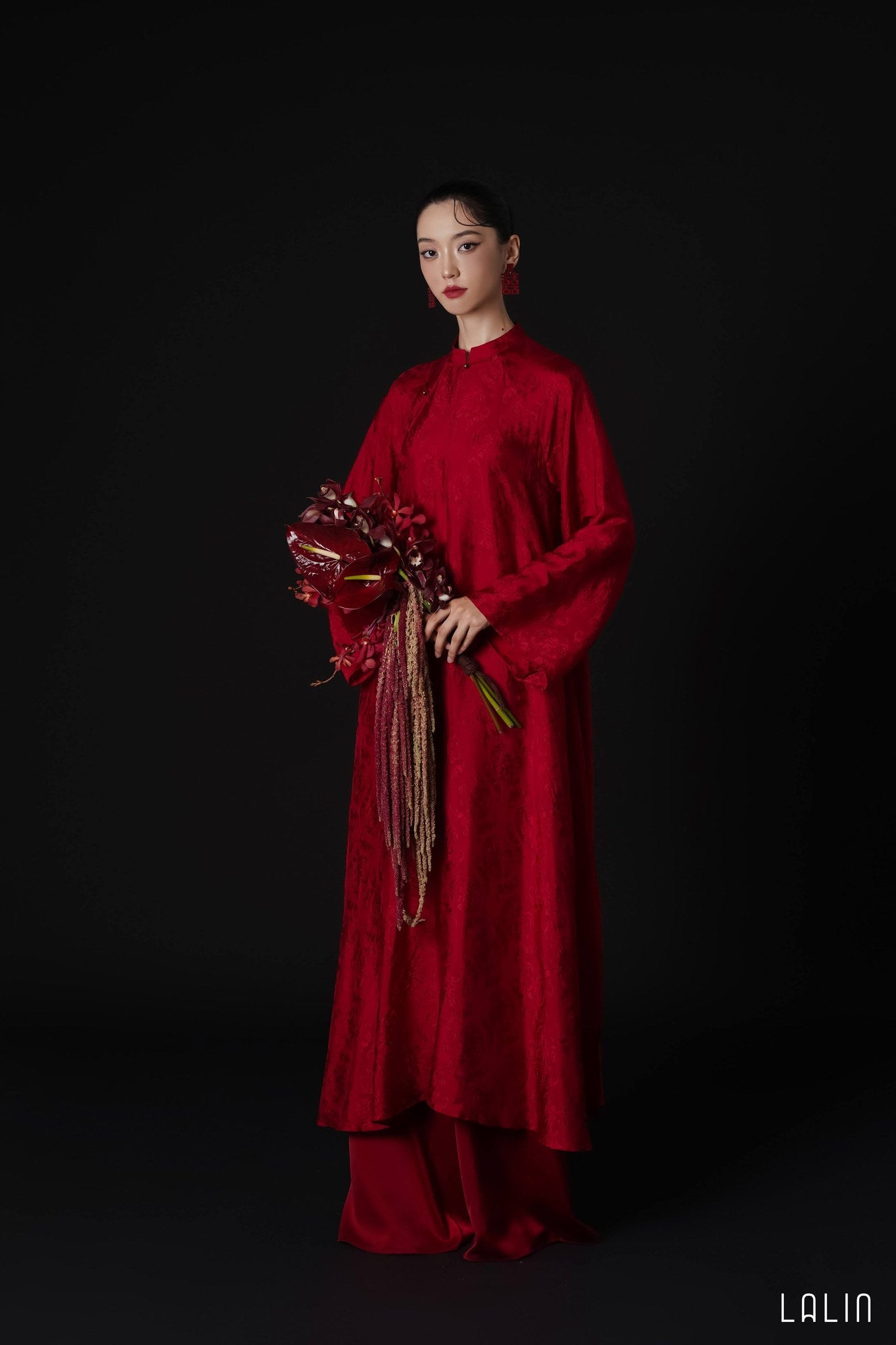 "Hy Loan Ao Dai set in crimson silk, traditional Vietnamese dress by Lalin"